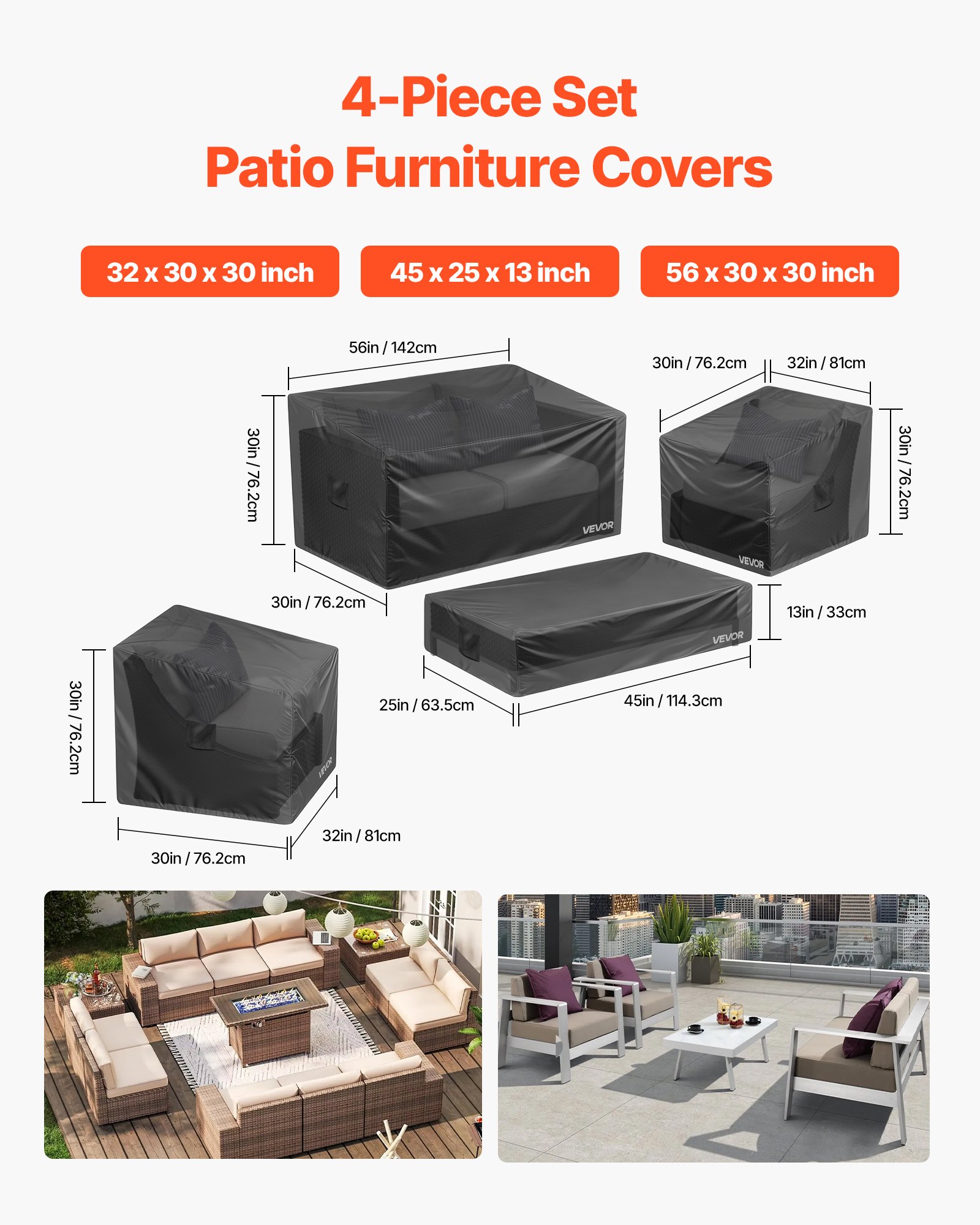 VEVOR Patio Furniture Cover 4-Piece Set, 420D Heavy Duty Waterproof Outdoor Dining Table and Chairs Cover Set, Lawn Patio Furniture Covers for Outdoor Sofa, Couch, Chairs, Coffee Table, Black