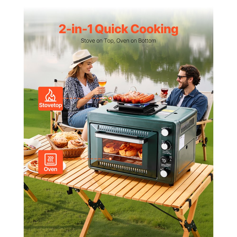 VEVOR Outdoor Oven, 2-in-1 Portable Gas Camping Stove Oven Combo, Adjustable Fire, 60-Minute Timer, Windproof, with Grill Shelf and Roasting Tray, for Camping Gear Backyard Picnic Outdoor Cooking
