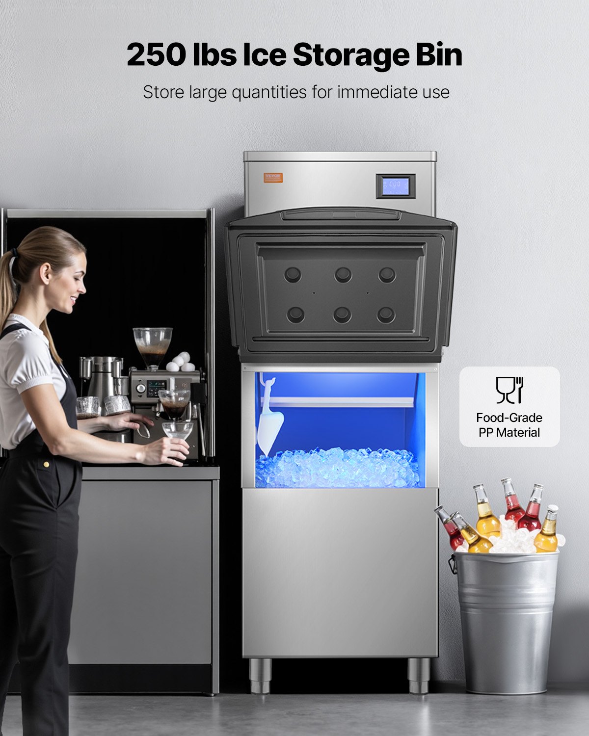 VEVOR Commerciële ijsmachine (204 kg/dag) met een grote opslagbak van 250 lbs, automatische zelfreinigende ijsmachine met touchscreen voor bar, café, restaurant, winkel, commercieel