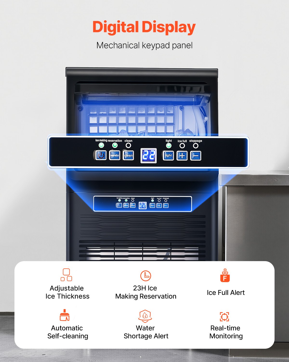 VEVOR commerciële ijsmachine (36,3 kg/dag) met 5,4 kg opslagcapaciteit en afvoerpomp, 36 ijsblokjes in 15 minuten, LED-digitaal display, zelfreinigende ijsmachine voor bar-restaurant