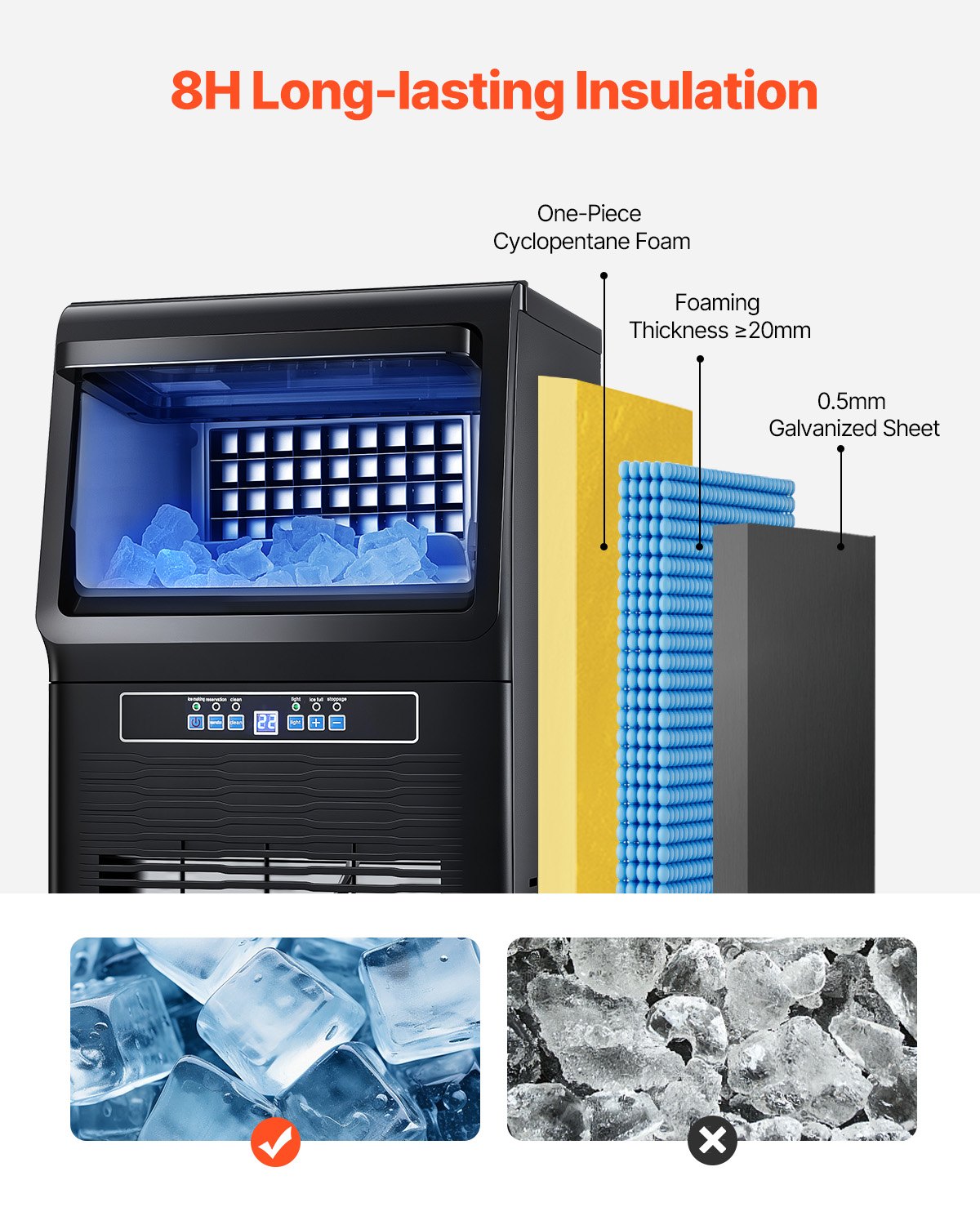VEVOR commerciële ijsmachine (36,3 kg/dag) met 5,4 kg opslagcapaciteit en afvoerpomp, 36 ijsblokjes in 15 minuten, LED-digitaal display, zelfreinigende ijsmachine voor bar-restaurant