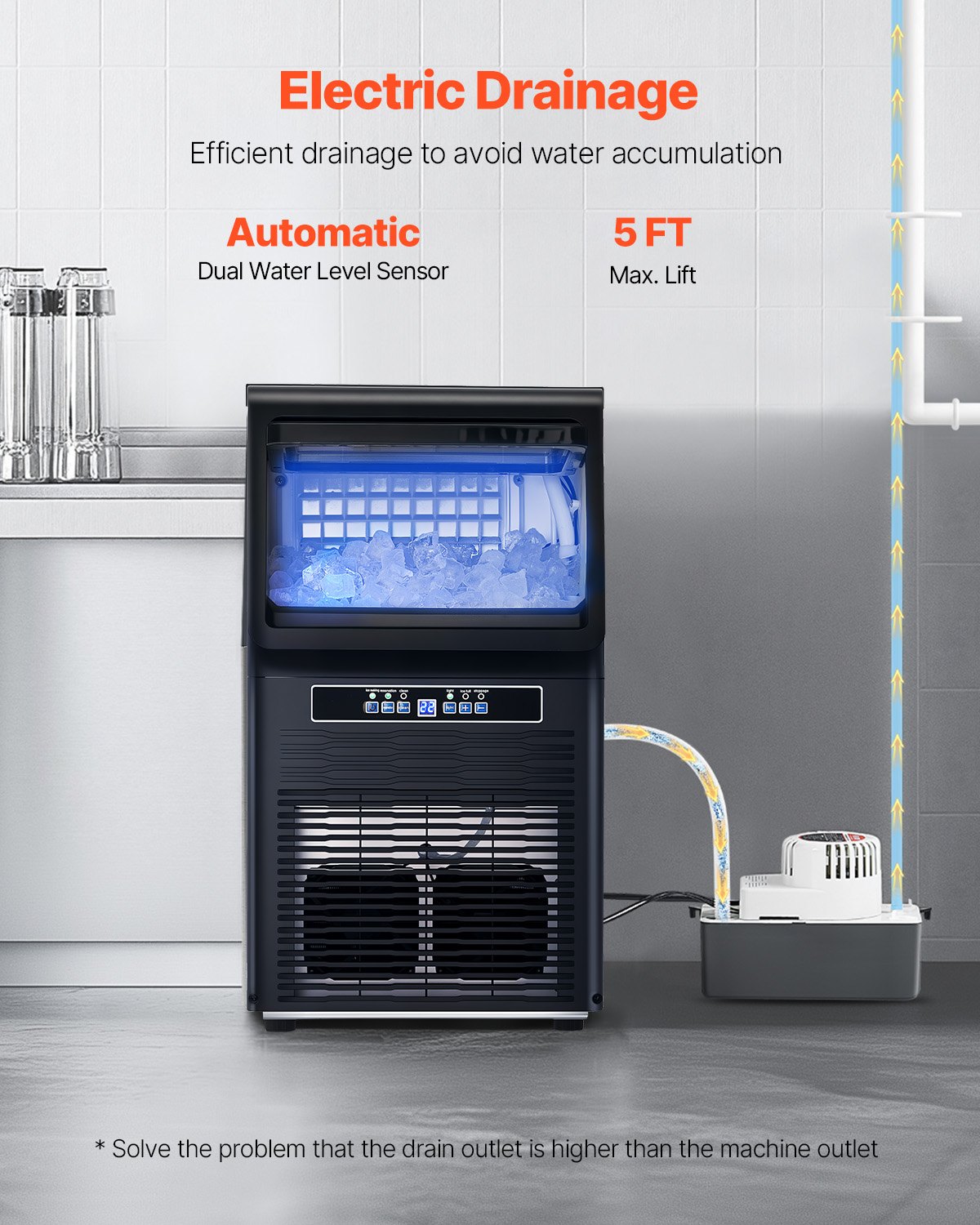 VEVOR commerciële ijsmachine (36,3 kg/dag) met 5,4 kg opslagcapaciteit en afvoerpomp, 36 ijsblokjes in 15 minuten, LED-digitaal display, zelfreinigende ijsmachine voor bar-restaurant