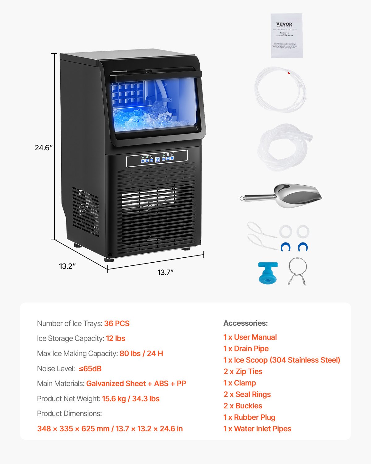 VEVOR commerciële ijsmachine (36,3 kg/dag) met 5,4 kg opslagcapaciteit en afvoerpomp, 36 ijsblokjes in 15 minuten, LED-digitaal display, zelfreinigende ijsmachine voor bar-restaurant