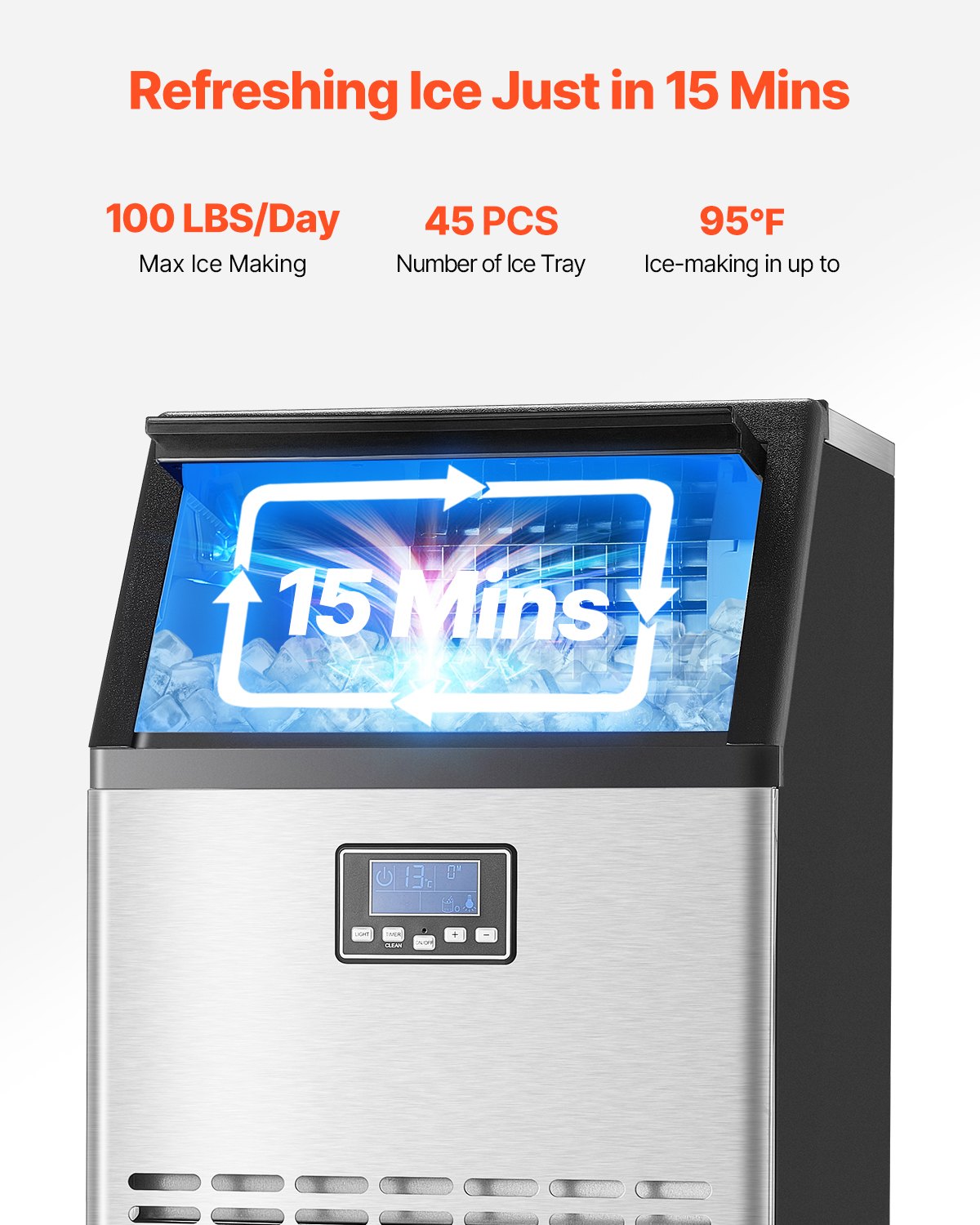 VEVOR Commerciële ijsmachine (45 kg/dag) met 15 kg opslagcapaciteit en afvoerpomp, 45 ijsblokjes in 15 minuten, LED-digitaal display, zelfreinigende ijsmachine voor bar, kantoor, restaurant