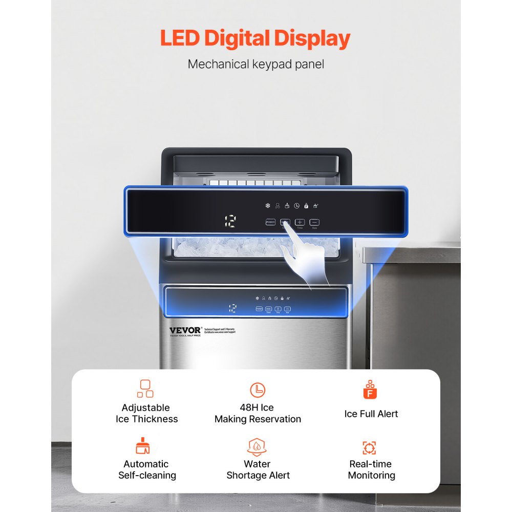 VEVOR Commerciële ijsmachine (50 kg/dag) met 15 kg opslagcapaciteit en afvoerpomp, 50 ijsblokjes in 15 minuten, LED-digitaal display, zelfreinigende ijsmachine voor bar, kantoor, restaurant