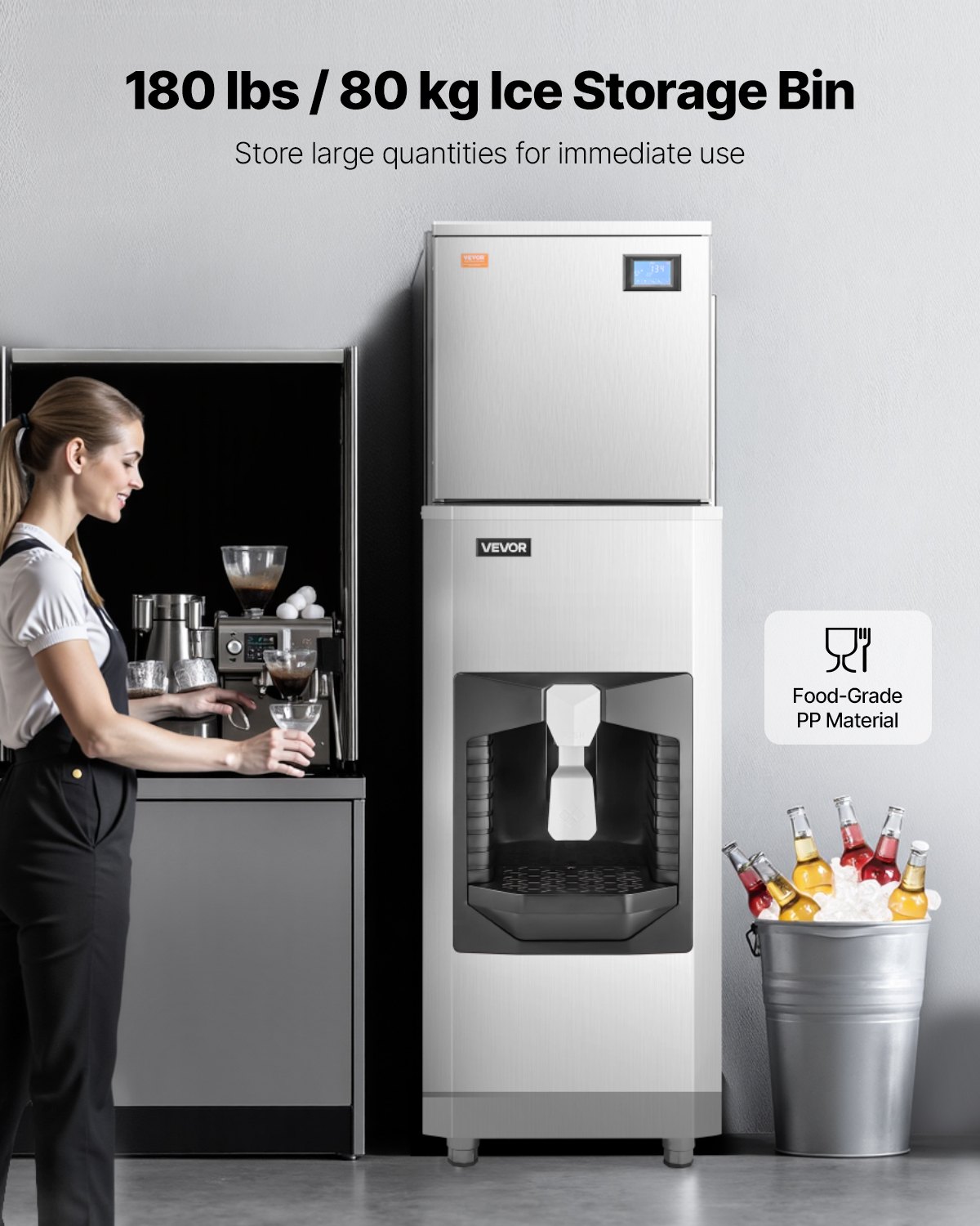 VEVOR Commerciële ijsmachine 181 kg/dag ijsmachine, 80 kg grote ijsbak met 9 kg/min automatische ijsdispensing, zelfreinigende ijsmachine met touchscreen voor bar en restaurant