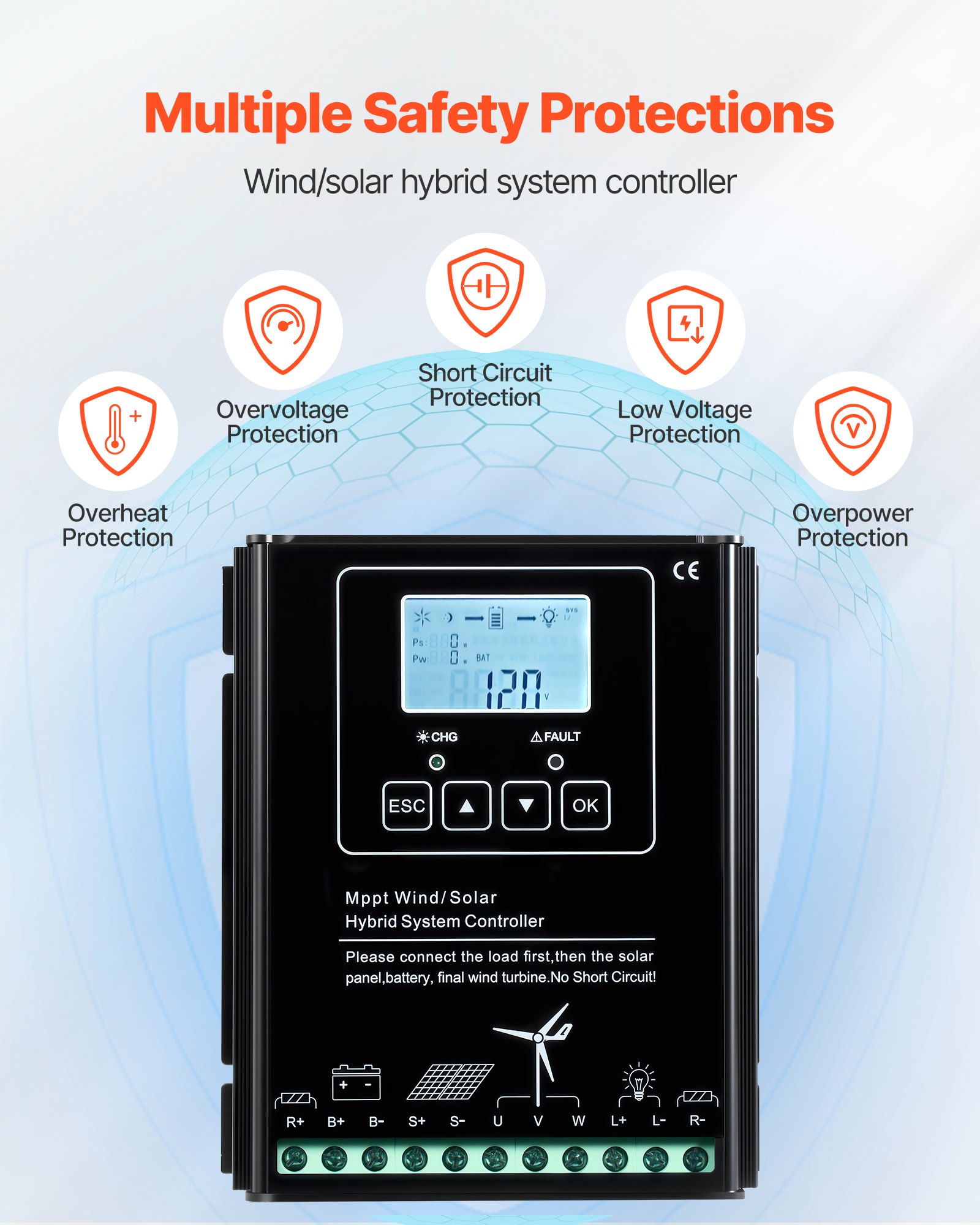 VEVOR 12V 400W Solar Wind Power Kit, 2 stuks 100W monokristallijne zonnepanelen + 200W windturbine + MPPT wind-/zonnehybride systeemcontroller voor thuis, camper, boot en camping, off-grid