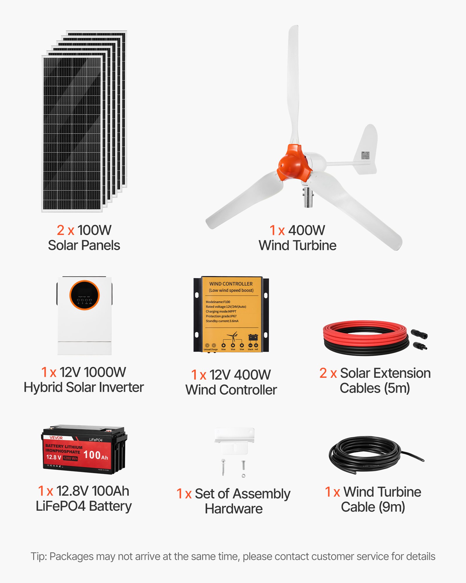 VEVOR 12V 600W Solar Wind Power Kit, 2 stuks 100W monokristallijn paneel + 400W windturbine 6 controller + 12,8V 100Ah LiFePO4 accu + 1kW hybride zonne-omvormer voor camper, boot, camping, off-grid