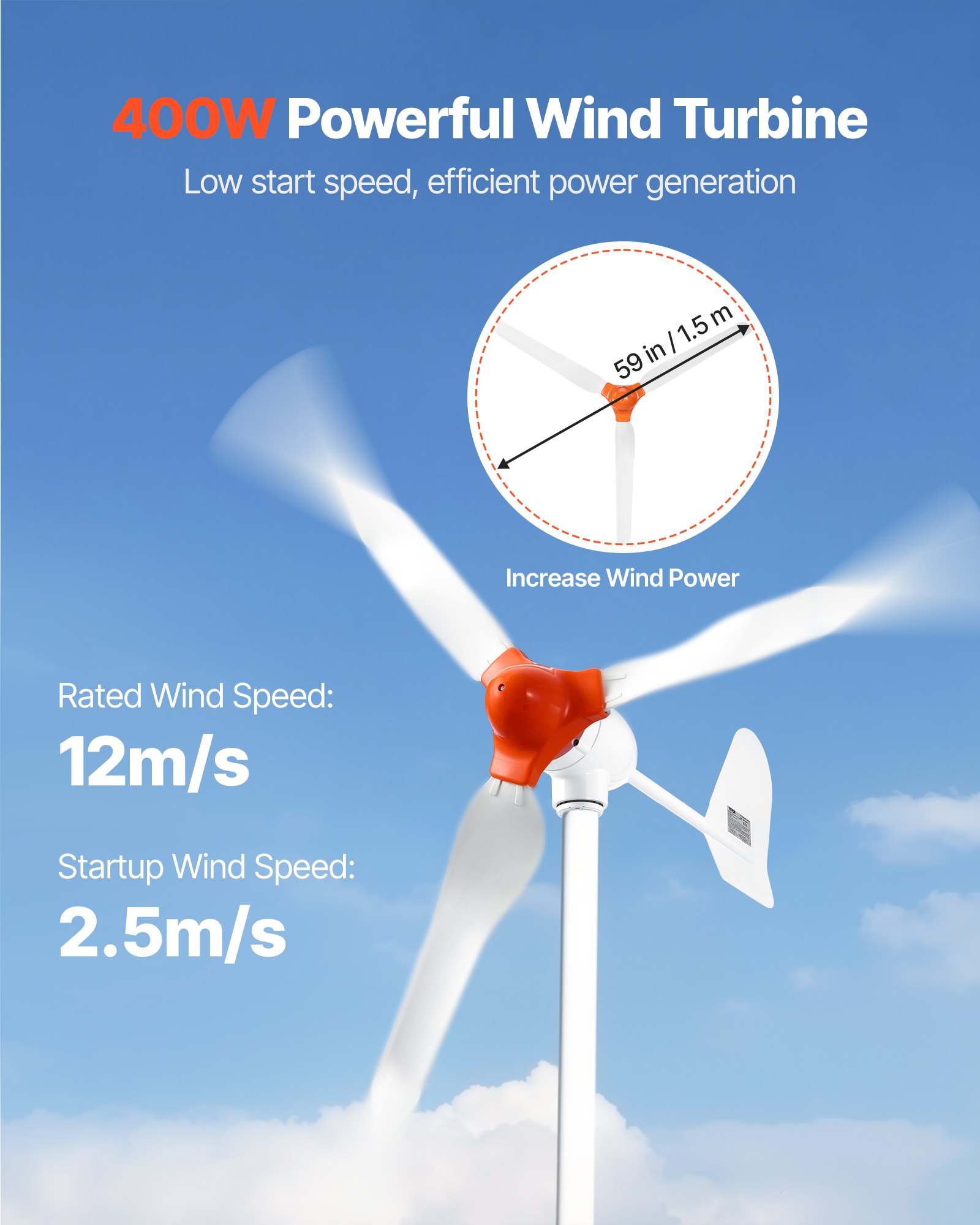 VEVOR 24V 1kW Solar Wind Power Kit, 6x 100W Monokristallijne Panelen + 400W Windturbine & Controller + 25,6V 100Ah LiFePO4 Accu + 24V 3kW Hybride Zonne-omvormer voor Boot, Boerderij, Off-Grid