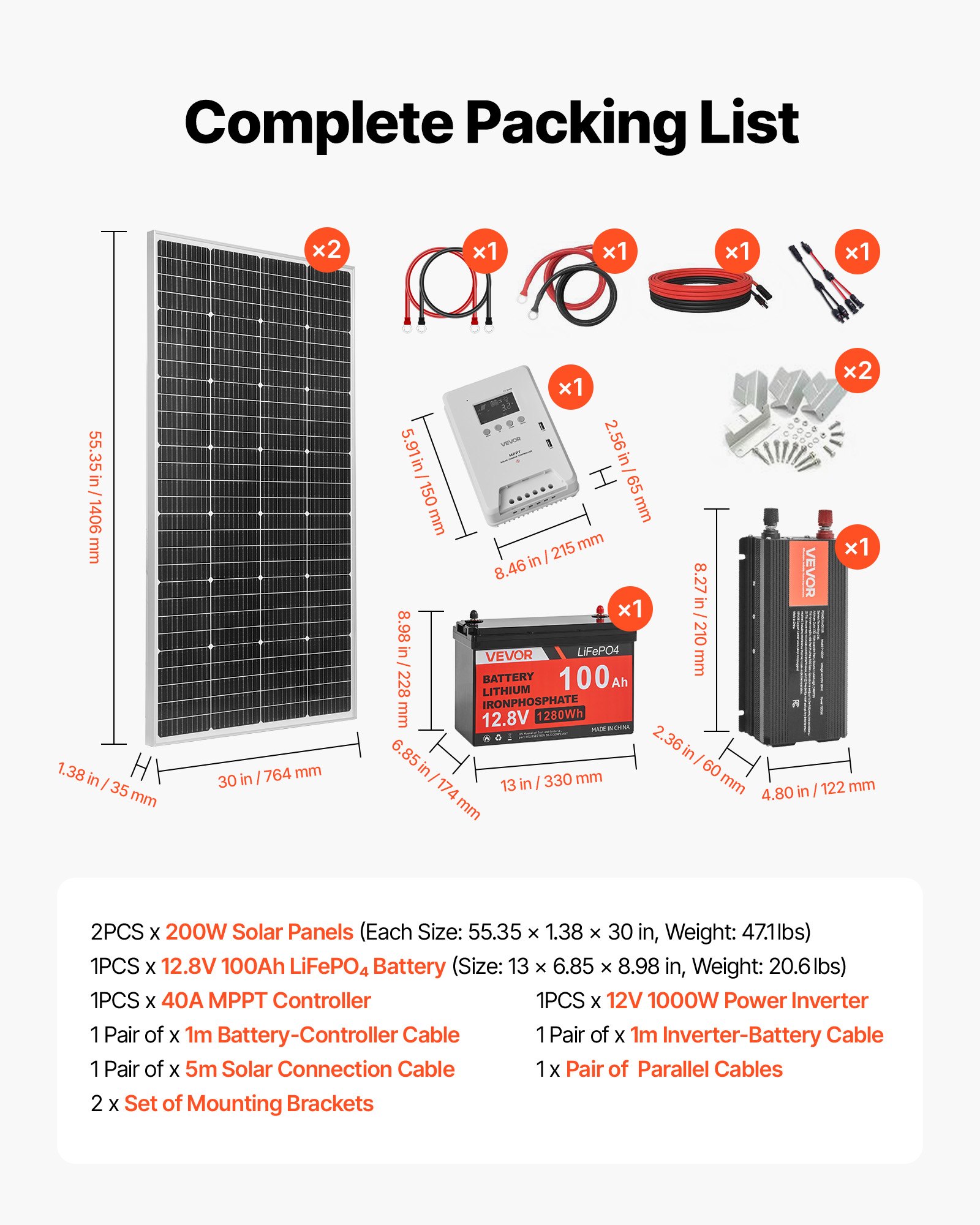 VEVOR 400W 12V zonnepaneel complete set, 2 stuks 200W monokristallijne zonnepanelen + 12,8V 100Ah LiFePO₄ accu + 40A MPPT laadregelaar + 1000W omvormer voor campers, huizen, campings, boten, off-grid