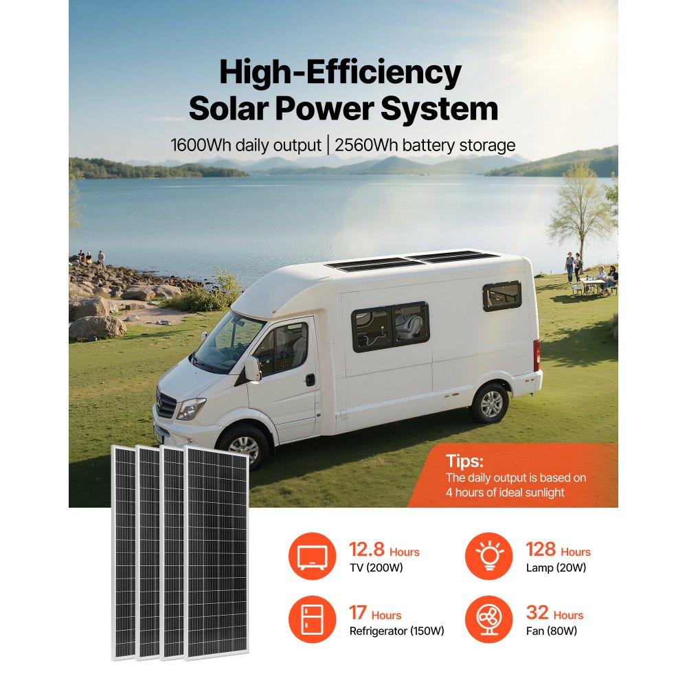 VEVOR 400W 12V zonnepaneel complete set, 4x 100W monokristallijne zonnepanelen + 12,8V 200Ah LiFePO₄ accu + 40A MPPT laadregelaar + 2kW omvormer voor campers, huizen, campings, boten, off-grid