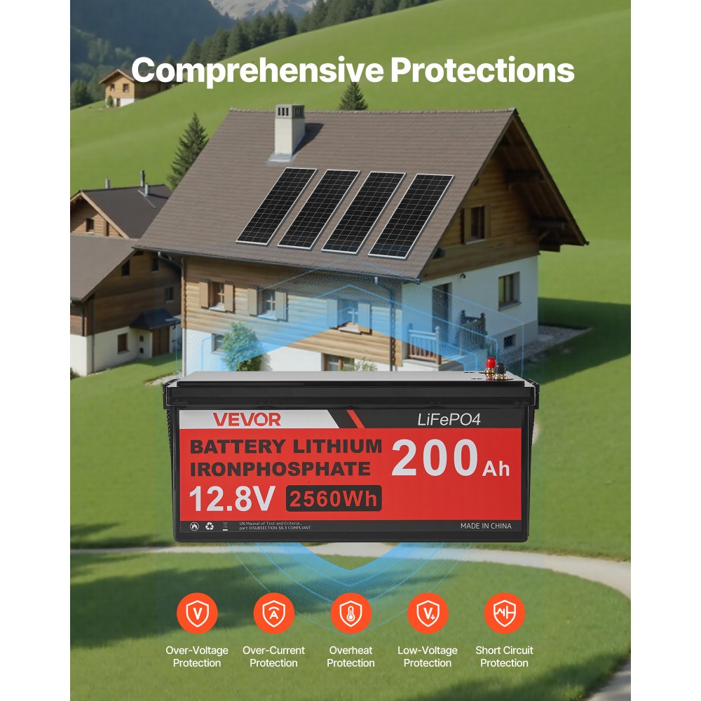 VEVOR 400W 12V zonnepaneel complete set, 4x 100W monokristallijne zonnepanelen + 12,8V 200Ah LiFePO₄ accu + 40A MPPT laadregelaar + 2kW omvormer voor campers, huizen, campings, boten, off-grid