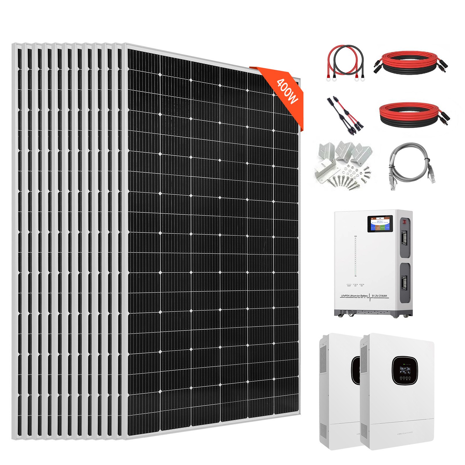 VEVOR 4800W 48V zonnepaneelset, 12x 400W monokristallijne zonnepanelen + 51,2V 300Ah LiFePO₄ accu + 2x 5kW hybride omvormers, krachtige off-grid zonne-energieset voor schuren en boerderijen
