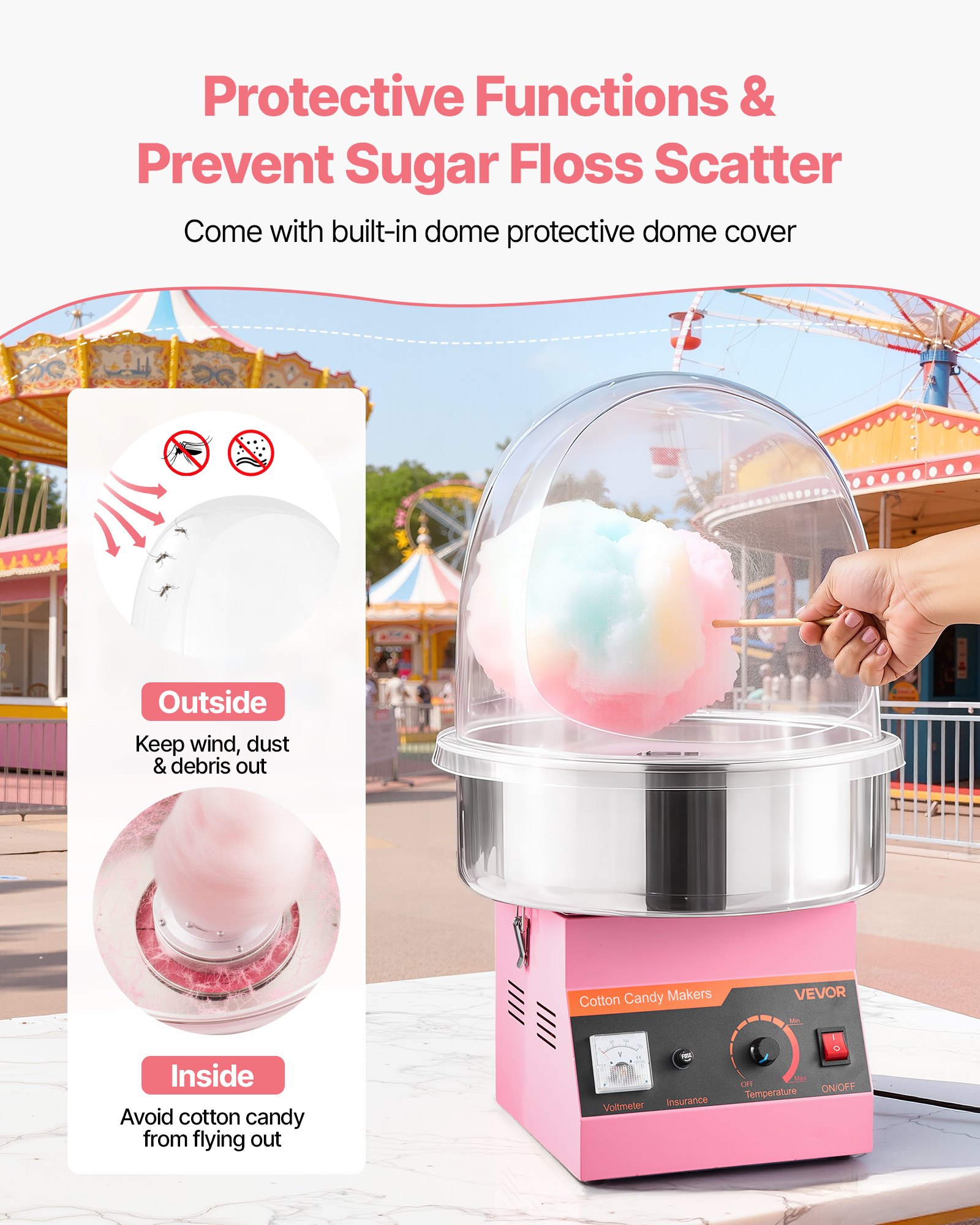 VEVOR Electric Cotton Candy Machine, 1000W Commercial Floss Maker With Cover, Commercial Cotton Candy Machine w/Stainless Steel Bowl & Sugar Scoop, Ideal for Carnival, Birthday, Family Party, Pink