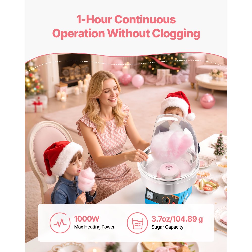 VEVOR Electric Cotton Candy Machine, 1000W Commercial Floss Maker With Cover, Commercial Cotton Candy Machine w/Stainless Steel Bowl & Sugar Scoop, Ideal for Carnival, Birthday, Family Party, Blue