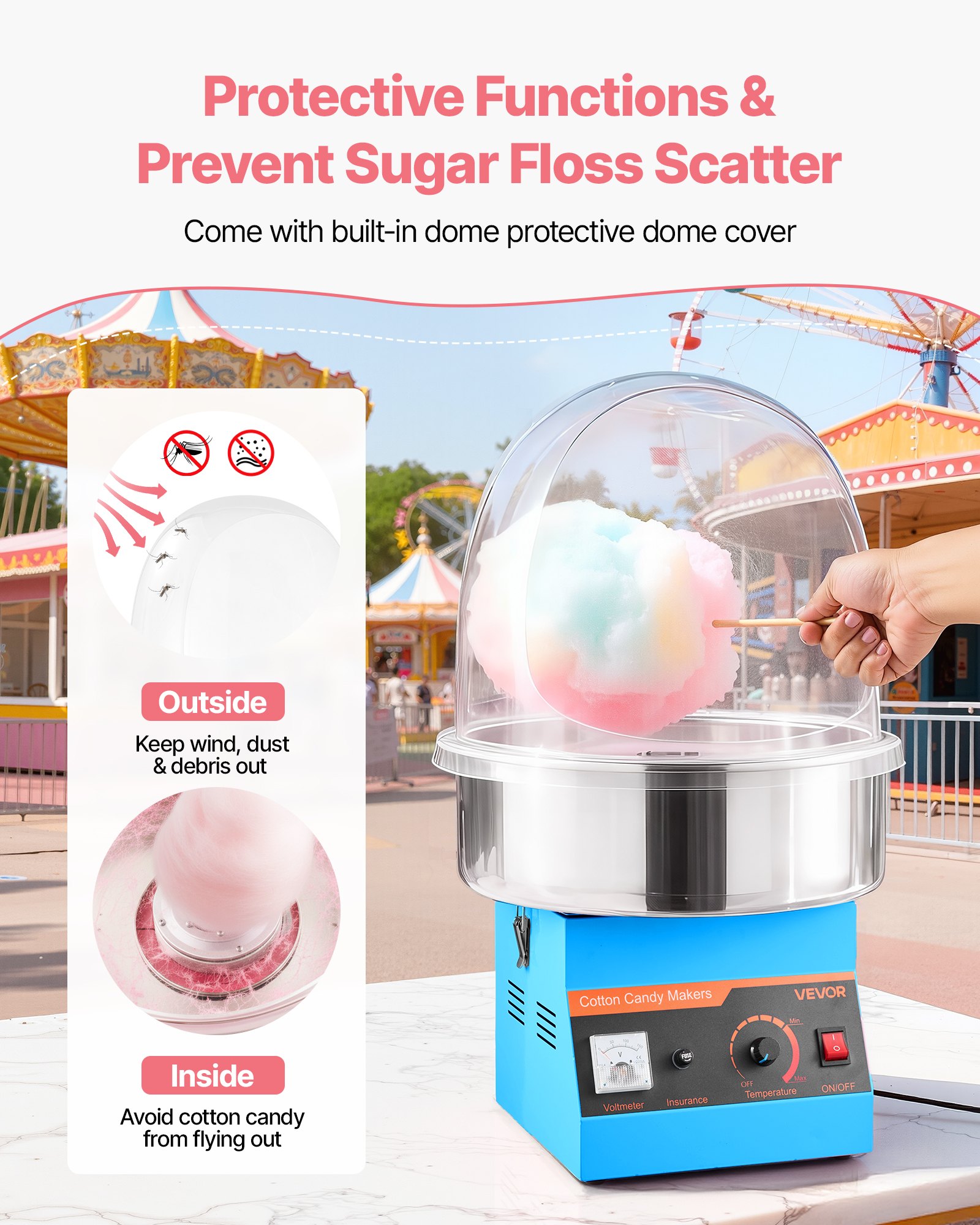 VEVOR Electric Cotton Candy Machine, 1000W Commercial Floss Maker With Cover, Commercial Cotton Candy Machine w/Stainless Steel Bowl & Sugar Scoop, Ideal for Carnival, Birthday, Family Party, Blue