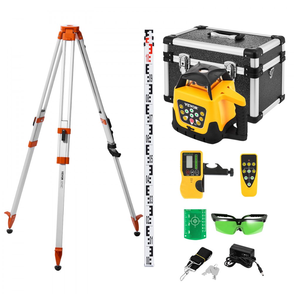 VEVOR roterende laserwaterpasset met statief en meetlat, groene laserstraal, bereik van 500 m, verstelbare kantelhoek, 360° draaibaar, flexibele scanhoek, incl. afstandsbediening en draagtas