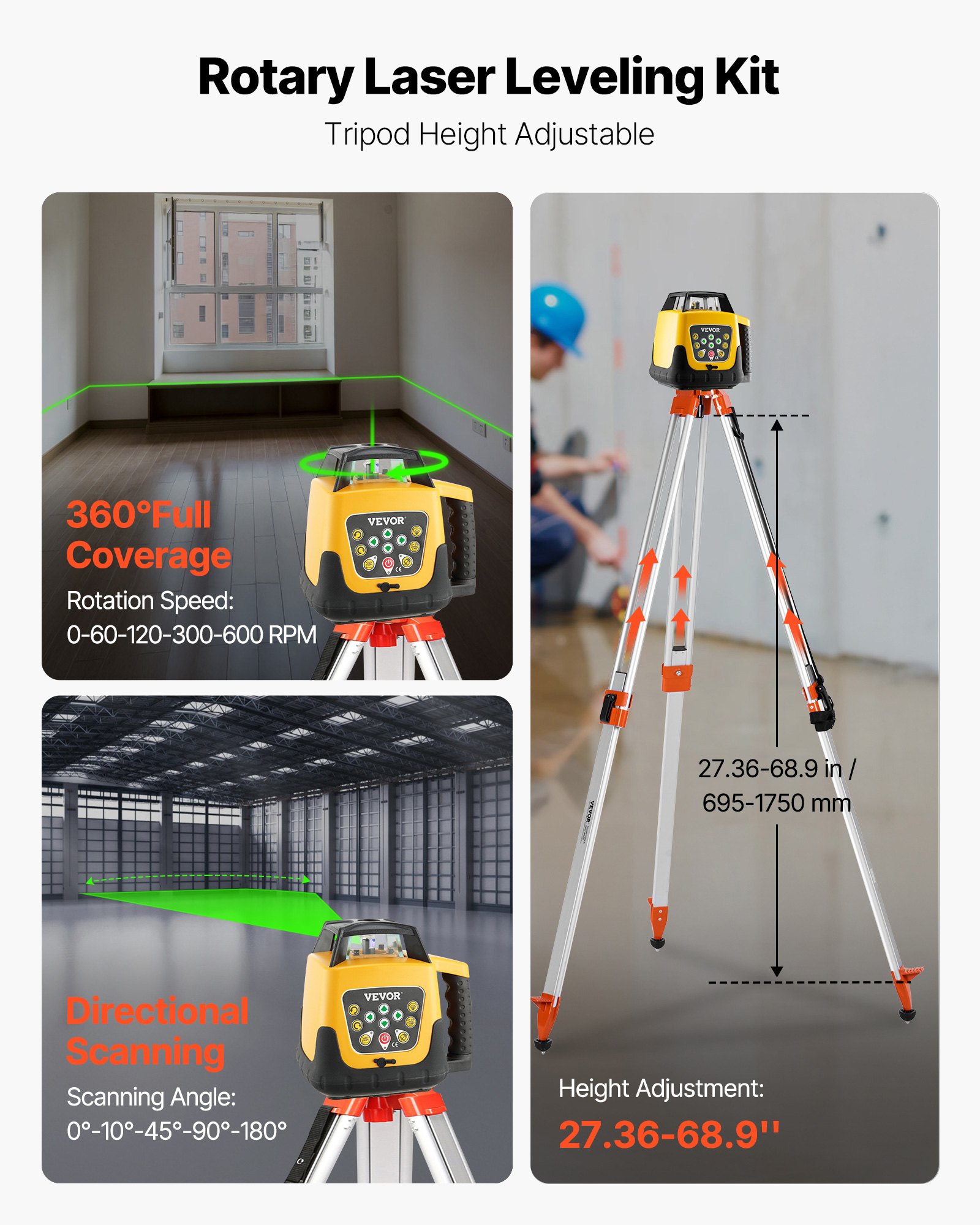 VEVOR roterende laserwaterpasset met statief en meetlat, groene laserstraal, bereik van 500 m, verstelbare kantelhoek, 360° draaibaar, flexibele scanhoek, incl. afstandsbediening en draagtas