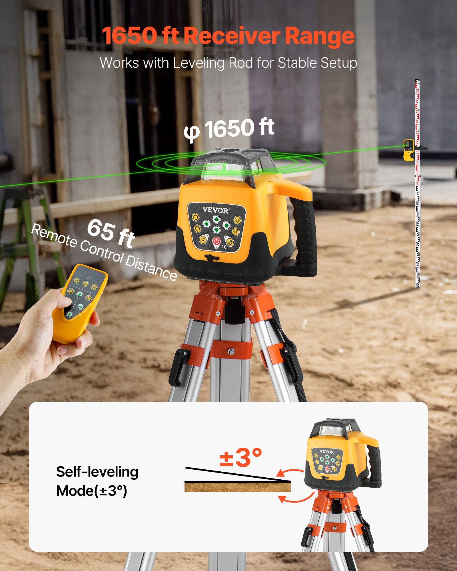 VEVOR roterende laserwaterpasset met statief en meetlat, groene laserstraal, bereik van 500 m, verstelbare kantelhoek, 360° draaibaar, flexibele scanhoek, incl. afstandsbediening en draagtas