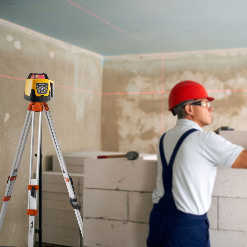 VEVOR roterende laserwaterpasset met statief en meetlat, rode laserstraal, bereik van 300 m, verstelbare kantelhoek, 360° draaibaar, flexibele scanhoek, inclusief afstandsbediening en draagtas