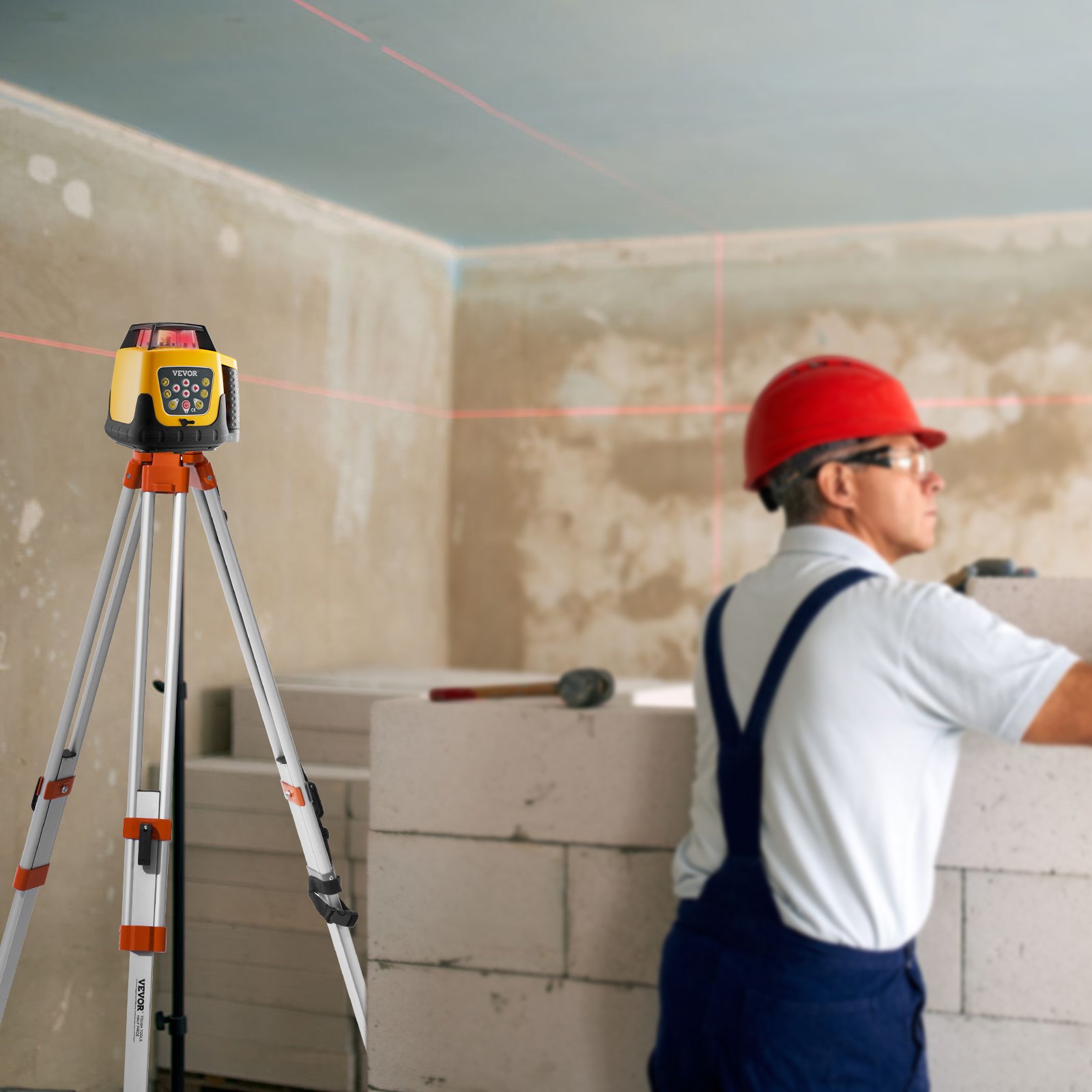 VEVOR roterende laserwaterpasset met statief en meetlat, rode laserstraal, bereik van 300 m, verstelbare kantelhoek, 360° draaibaar, flexibele scanhoek, inclusief afstandsbediening en draagtas