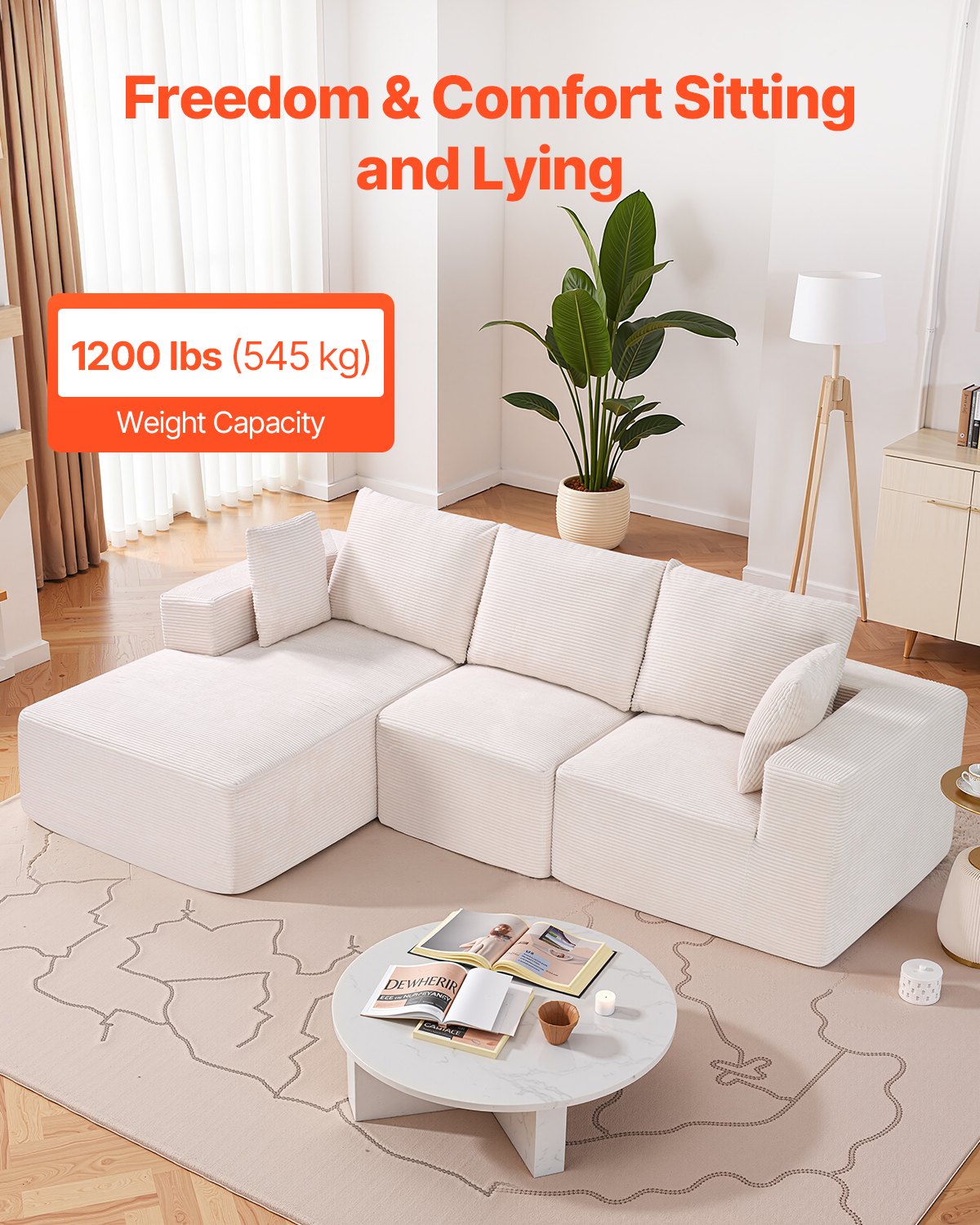 VEVOR Modular Sectional Sofa, L Shaped Modular Sofa with Chaise, Cloud Sectional Couch with High Rebound Sponge and Density, Upholstered Corduroy Couch with Cushion for Living Room, Apartment, Beige