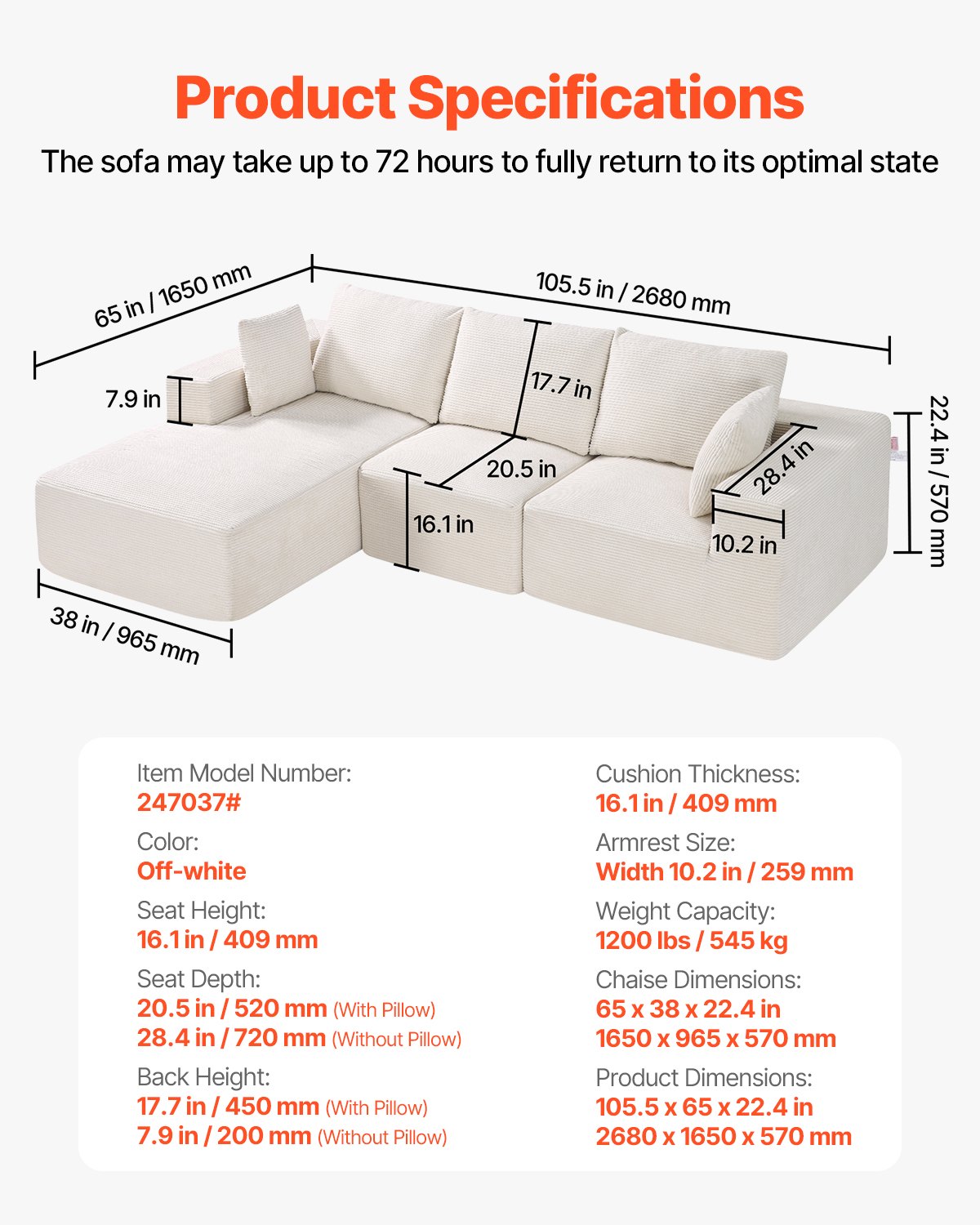 VEVOR Modular Sectional Sofa, L Shaped Modular Sofa with Chaise, Cloud Sectional Couch with High Rebound Sponge and Density, Upholstered Corduroy Couch with Cushion for Living Room, Apartment, Beige