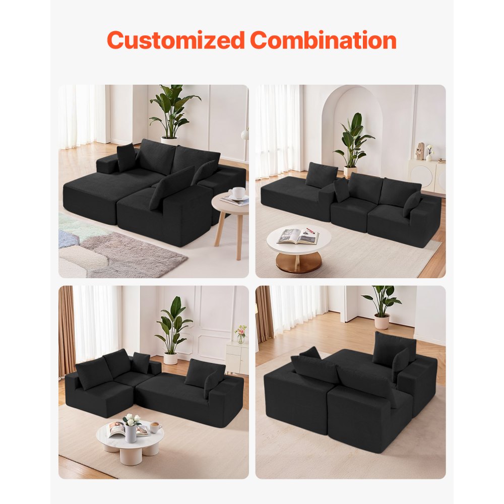 VEVOR Modular Sectional Sofa, L Shaped Modular Sofa with Chaise, Cloud Sectional Couch with High Rebound Sponge and Density, Upholstered Corduroy Couch with Cushion for Living Room, Bedroom, Black