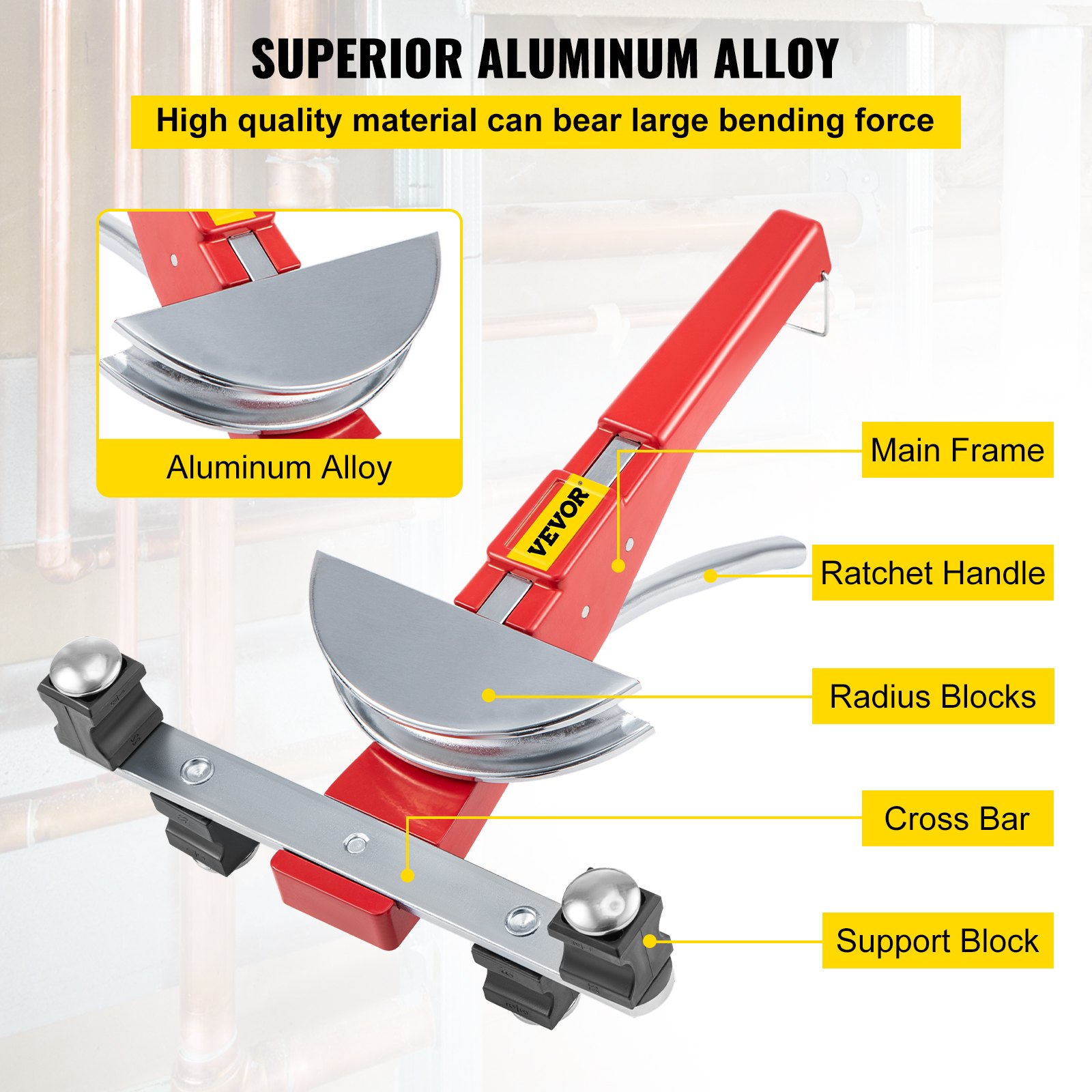 VEVOR Pipe Bender, 7 Dies 1/4-7/8 inch 6-22 mm Refrigeration Ratchet Pipe Bender Set, 90° Manual Pipe Bender with Reverse Bend Attachment for HVAC