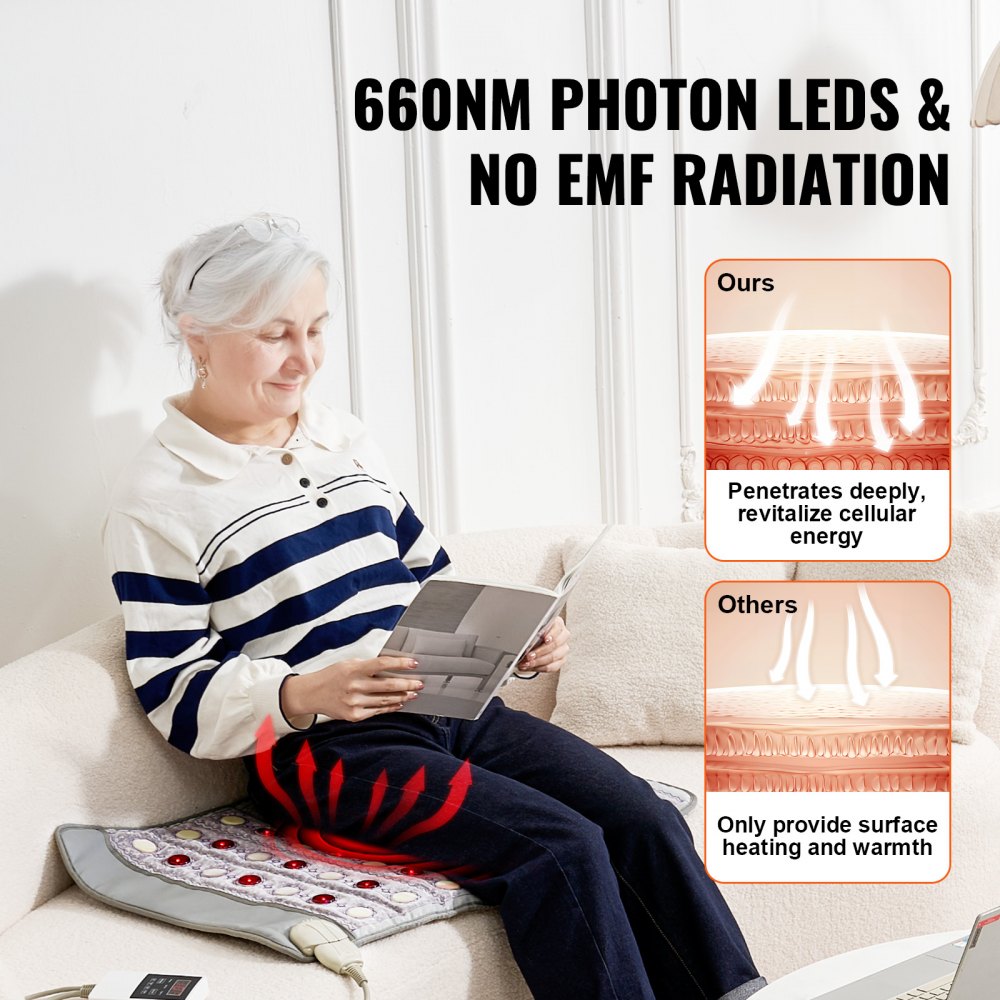 VEVOR Ver-infrarood verwarmingsgordel, verwarmingskussen van jade- en toermalijnsteen met 660 nm fotonenlicht en negatieve ionen, edelsteentherapiemat met timer van 0-720 min voor verlichting van rugpijn