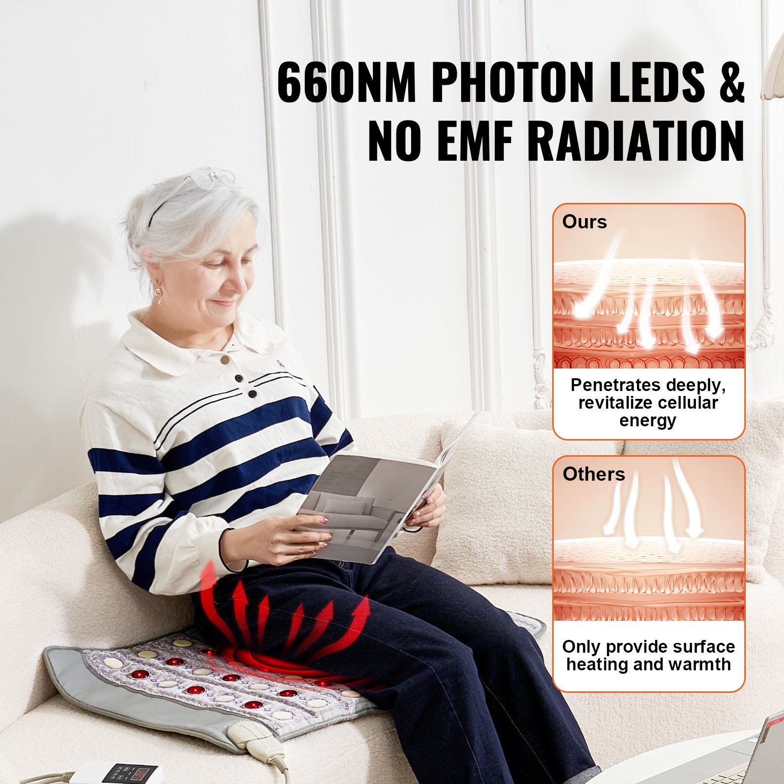 VEVOR infrarood warmteband, verwarmingskussen gemaakt van jade- en toermalijnstenen met 660 nm fotonenlicht en negatieve ionen, edelsteen therapiemat met timer van 0-12 uur voor verlichting van rugpijn.