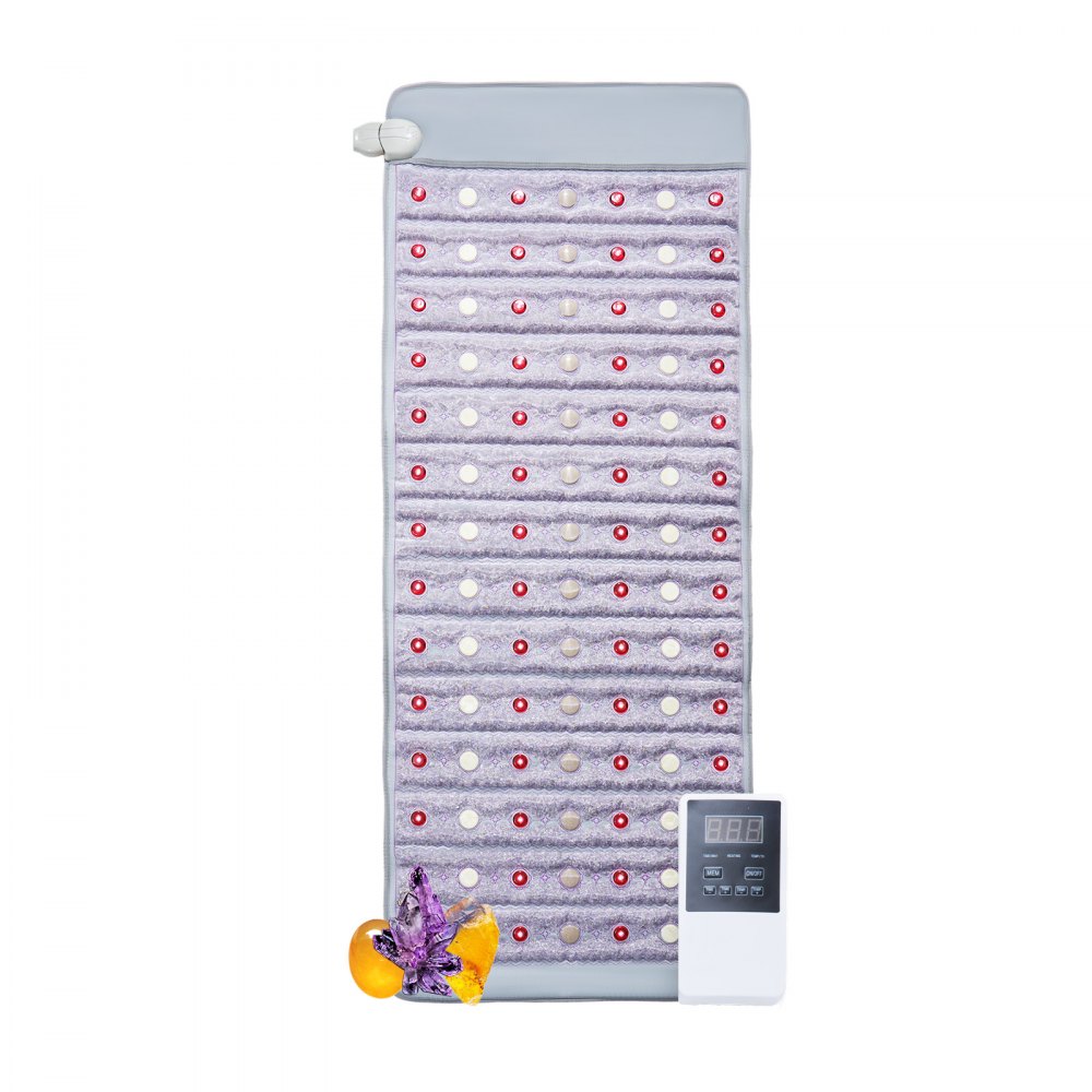 VEVOR Ver-infrarood verwarmingsgordel, verwarmingskussen met jade- en toermalijnstenen, 660 nm fotonenlicht en negatieve ionen, 39-70 °C hete edelsteenmat met 0-720 min timer voor taille en schouder (1530 x 615 x 20 mm)