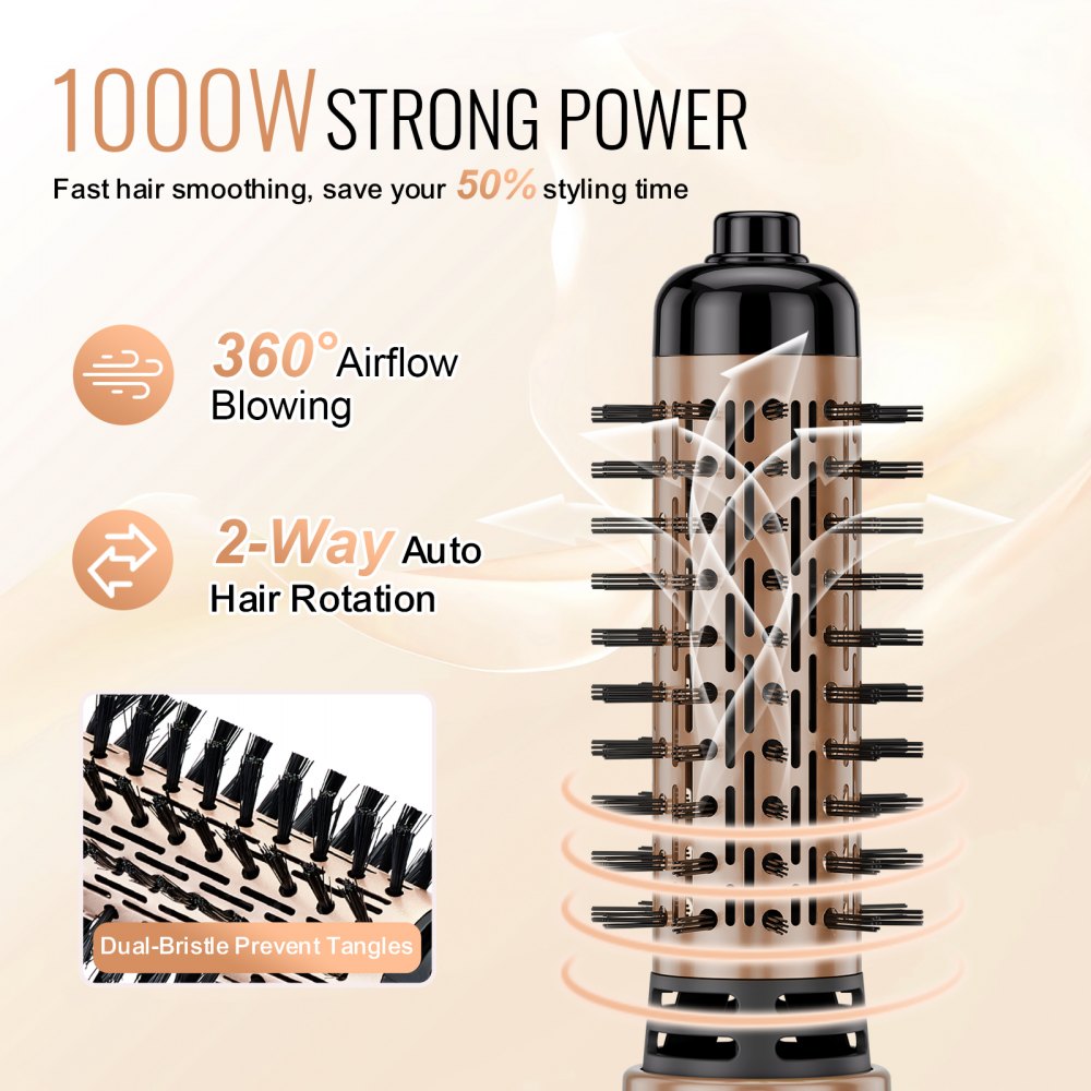 VEVOR Rotating Hair Dryer Brush, Ionic Hot Air Styling Brush with 1.5" and 2" Ceramic Coated Head, 4 in 1 Hair Dryer Styler and Volumizer, 3-Temp Blow Dryer Brush for Fast Drying Straightening Curling