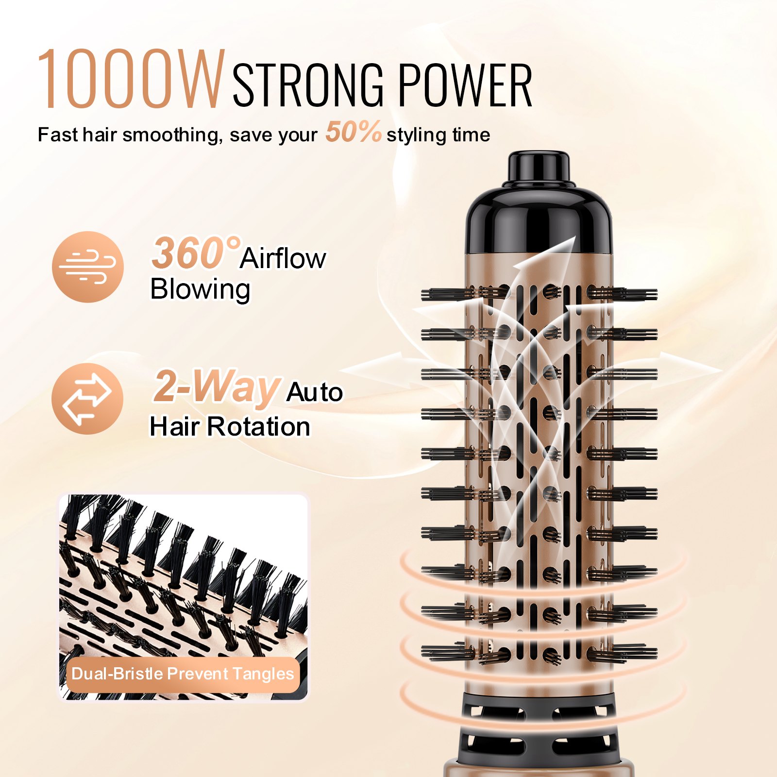 VEVOR Rotating Hair Dryer Brush, Ionic Hot Air Styling Brush with 1.5" and 2" Ceramic Coated Head, 4 in 1 Hair Dryer Styler and Volumizer, 3-Temp Blow Dryer Brush for Fast Drying Straightening Curling