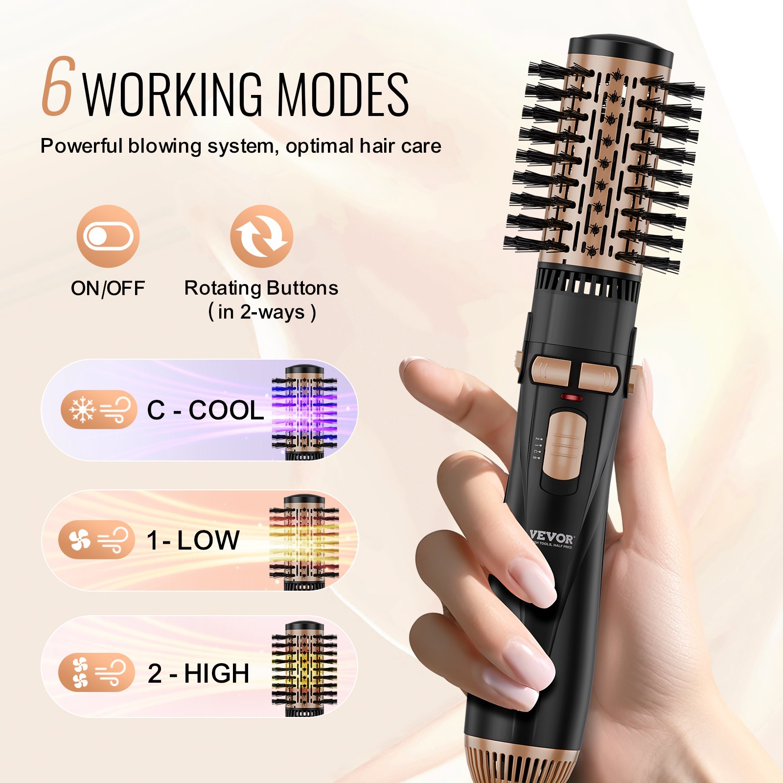 VEVOR Hot Air Brush, haarstyler, ionische hot air stylingborstelset met 3 keramische gecoate borstelkoppen (40/50/50 mm), 4-in-1 airstyler en volumizer, föhnborstel met 3 temperaturen voor het stijlen en krullen