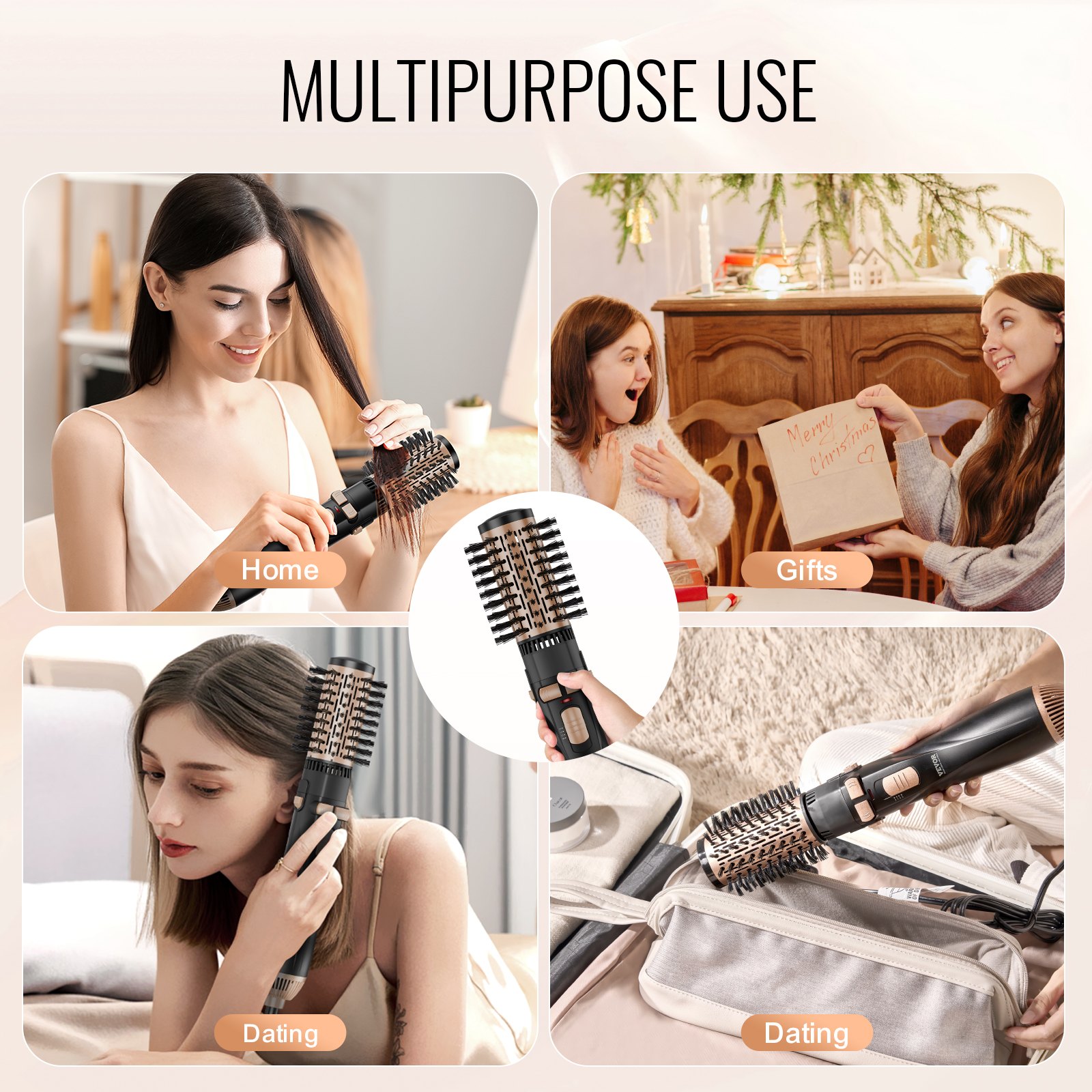 VEVOR Hot Air Brush, haarstyler, ionische hot air stylingborstelset met 3 keramische gecoate borstelkoppen (40/50/50 mm), 4-in-1 airstyler en volumizer, föhnborstel met 3 temperaturen voor het stijlen en krullen