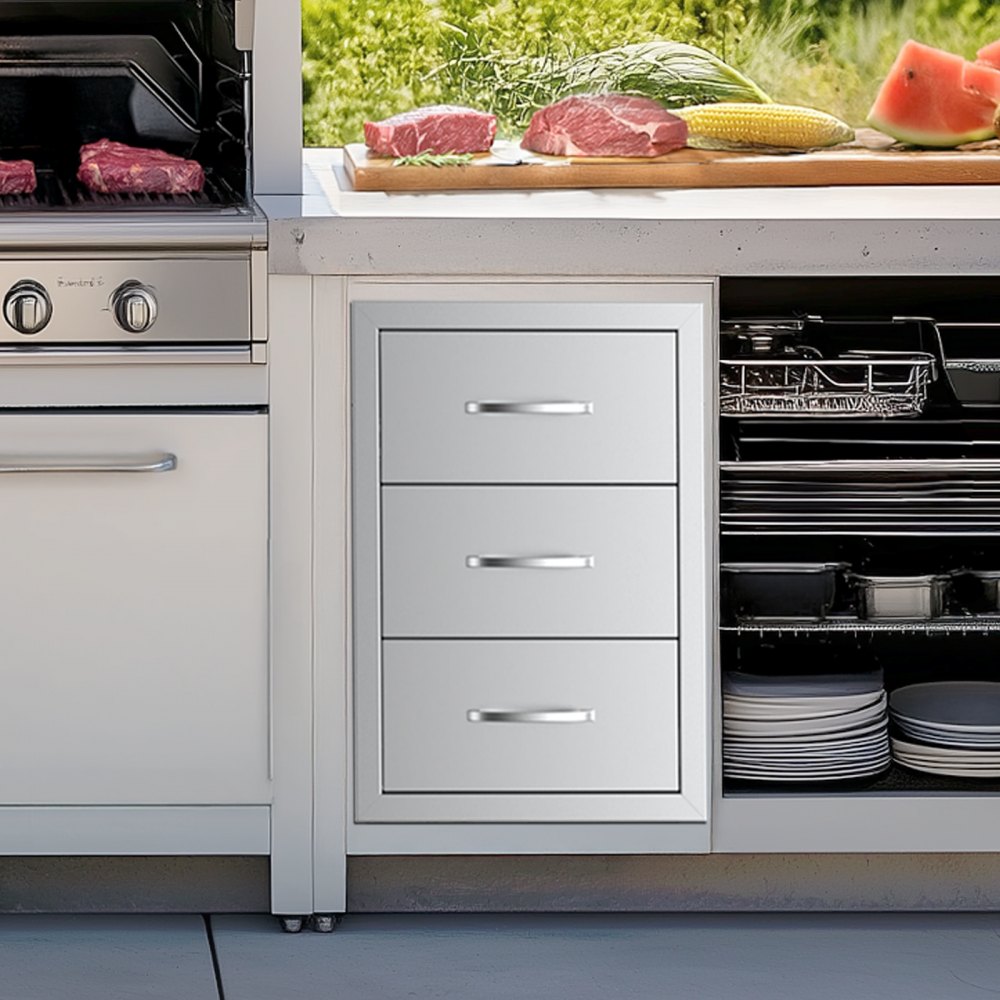 VEVOR Outdoor Kitchen Drawers, 18.5"W x 22.5"H x 22.5"D Triple Access Drawers, Stainless Steel Flush Mount Cabinets, BBQ Island Drawers Storage with Handle, for Outdoor Kitchens or Patio Grill Station