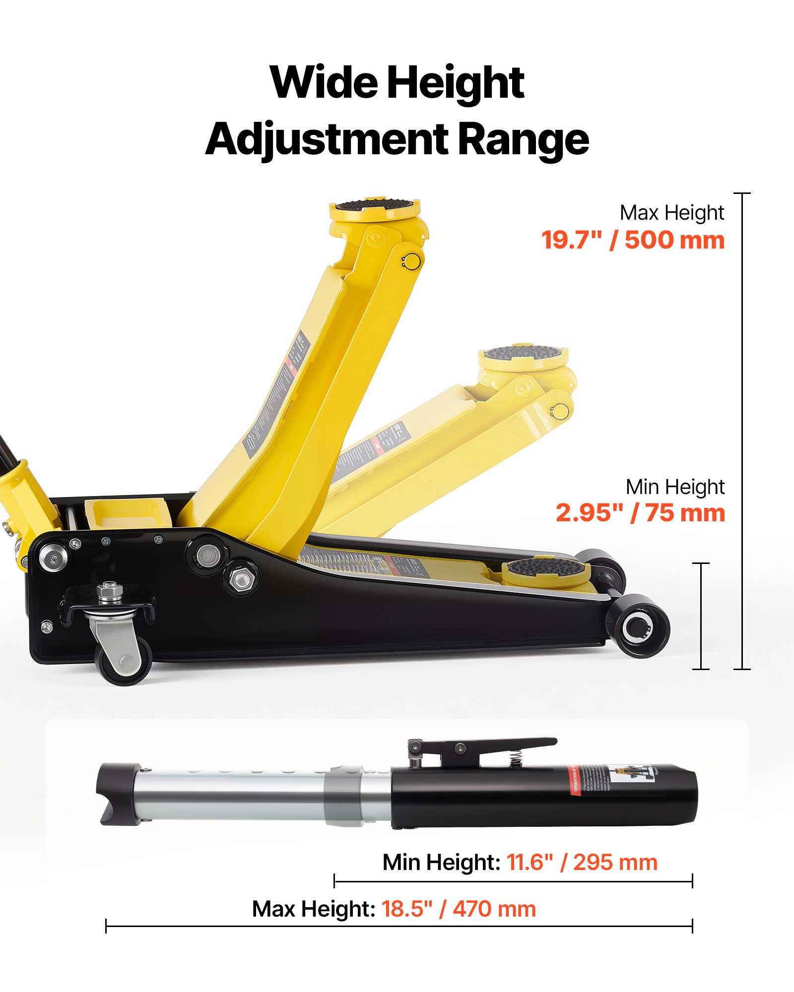 VEVOR hydraulische krik met een draagvermogen van 3 ton (dagcapaciteit), hydraulische krik met een hefhoogte van 75-500 mm, 95 mm rubberen steun en dubbele cilinder, stalen autokrik met 360° mobiliteit voor auto's, SUV's, pick-ups en werkplaatsen.