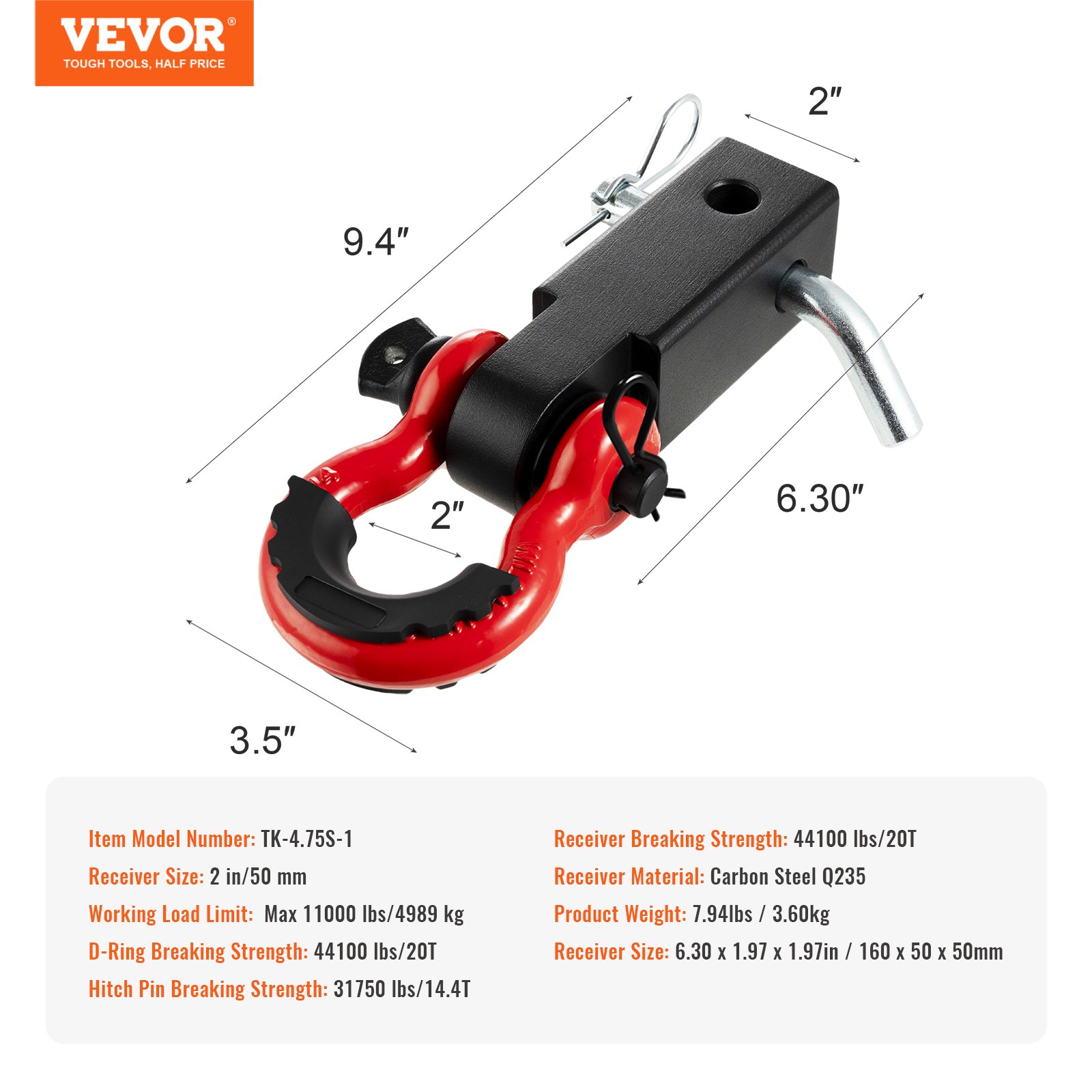 VEVOR Shackle Hitch Receiver, Fits 2" Receivers, 44100 lbs Breaking Strength, D Ring Shackle with Trailer Hitch Lock Pin, Heavy Duty Towing Accessories for Trucks, Jeeps, Off-Road Vehicle Recovery