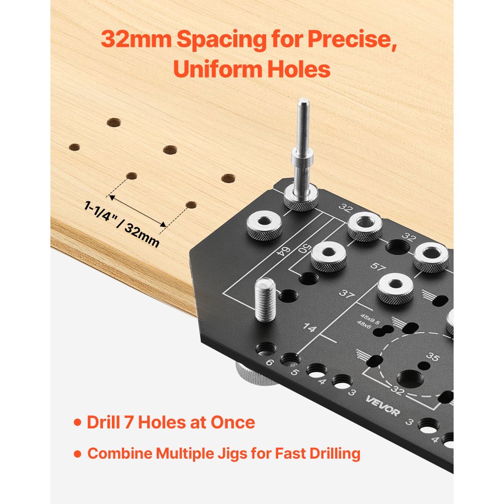 VEVOR Shelf Pin Jig and Hinge Jig Two-in-One, Aluminum Alloy Cabinet Hardware Hole Drilling Template with 6.4 and 4.8 mm Drill Bits, for Cabinet Doors Bookshelves Wardrobes Woodworking and DIY