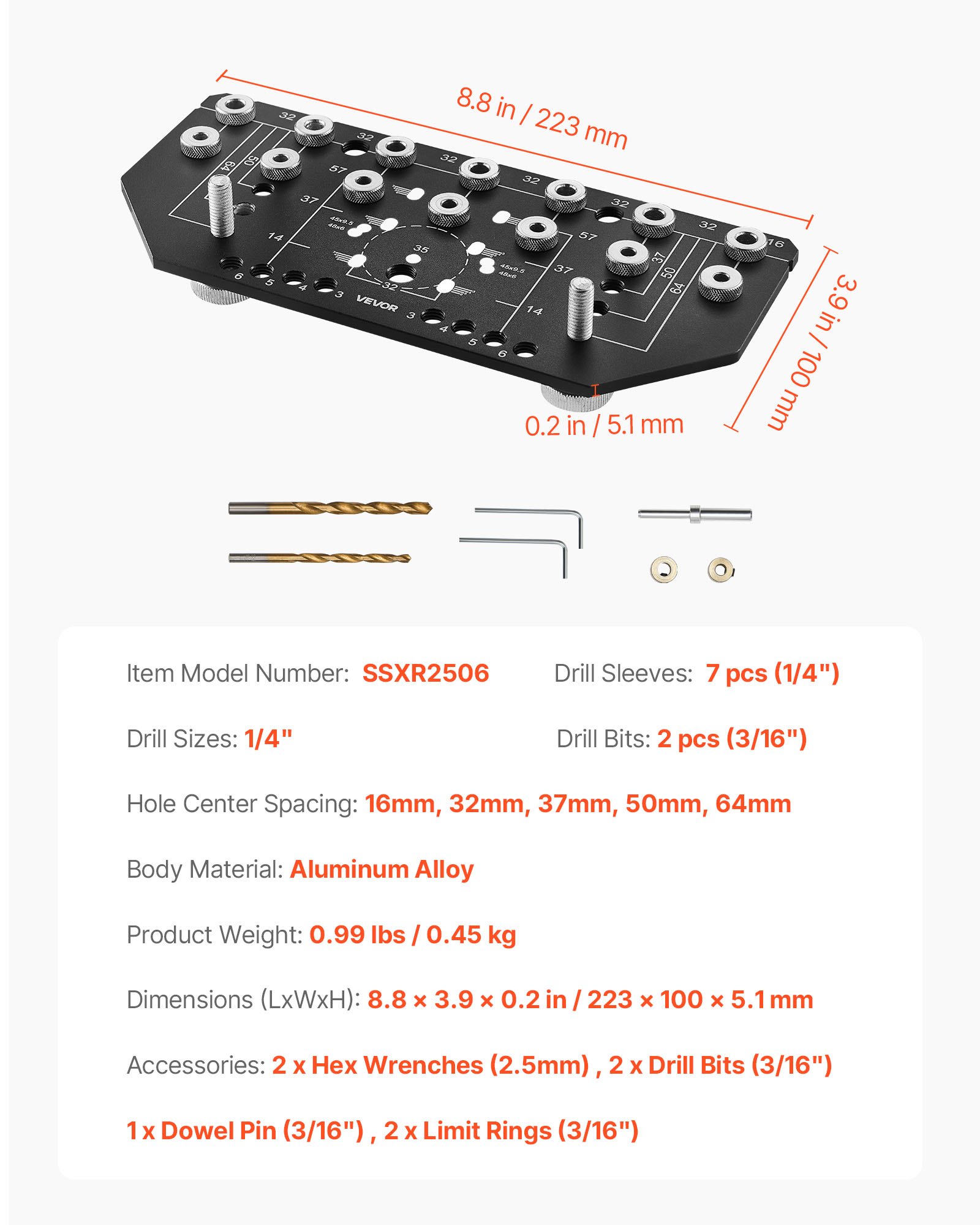 VEVOR Shelf Pin Jig and Hinge Jig Two-in-One, Aluminum Alloy Cabinet Hardware Hole Drilling Template with 6.4 and 4.8 mm Drill Bits, for Cabinet Doors Bookshelves Wardrobes Woodworking and DIY