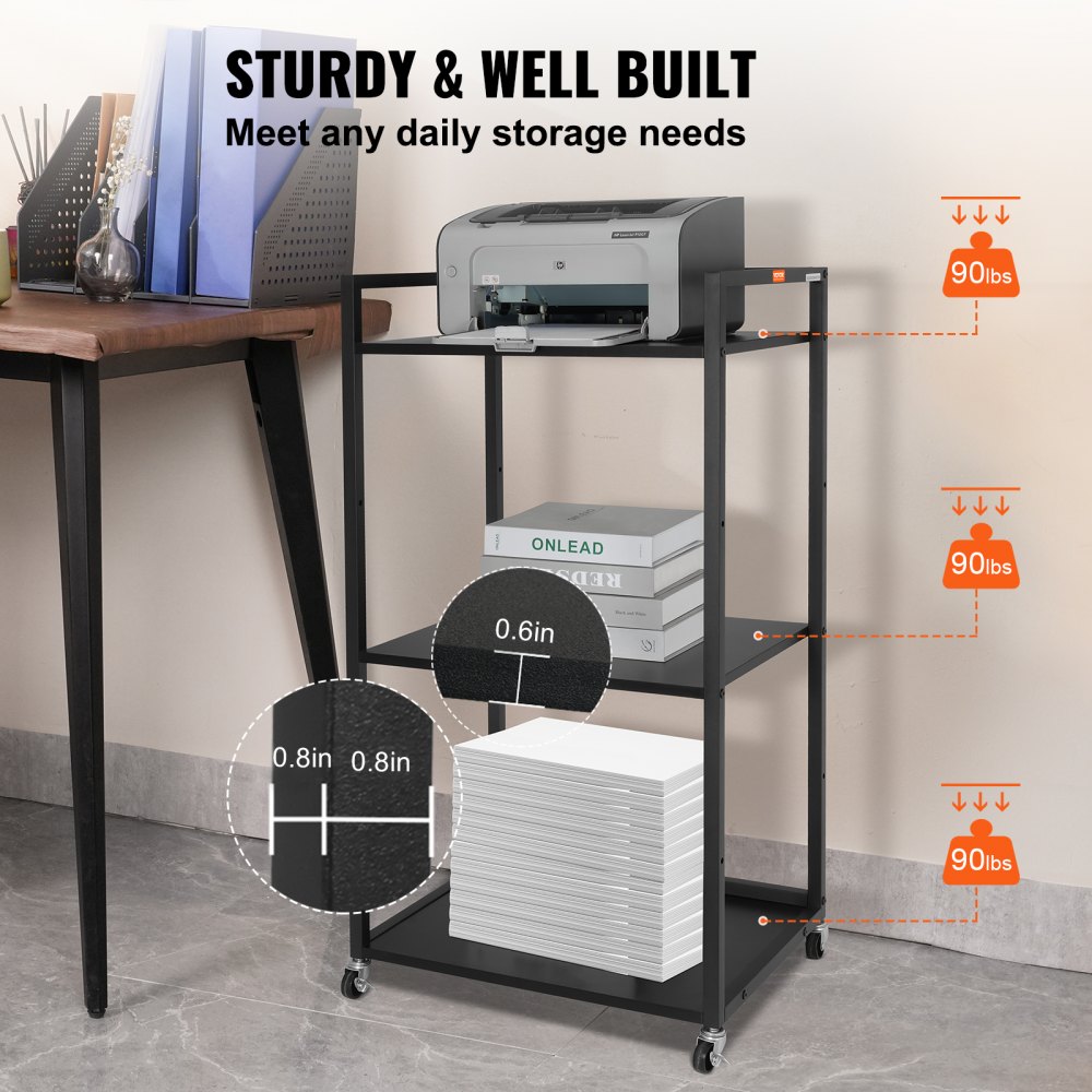 VEVOR Printertafel Printerstandaard 3-laags printerwagen met wielen Rolling Shredder Stand 52x40x102cm Office Fax Copier Scanner Home Organizer Opbergrek Zwart