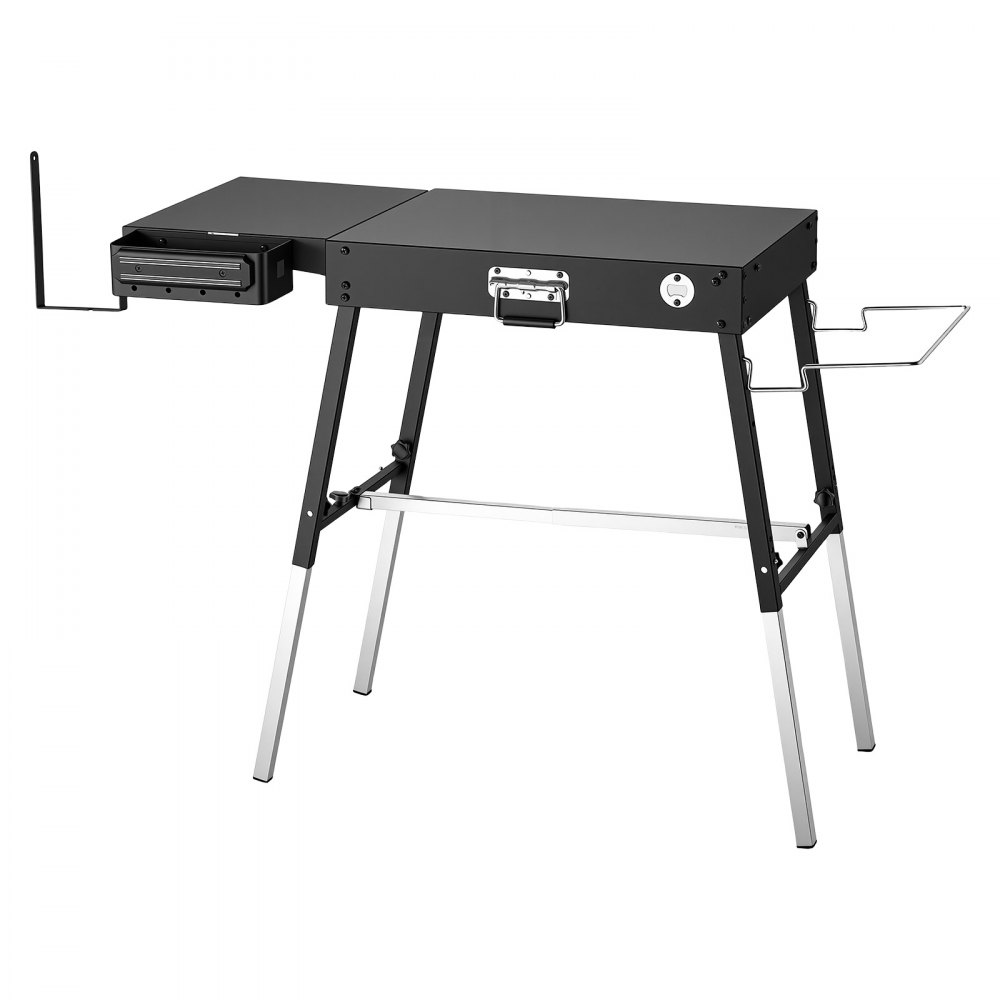 VEVOR opklapbare grilltafel 870 x 445 mm voor grillplaten van 17 en 22 inch, picknicks en barbecues, koolstofstaal, in hoogte verstelbaar, draagvermogen tot 158 ​​kg, met gereedschapsbak en tissuehouder.