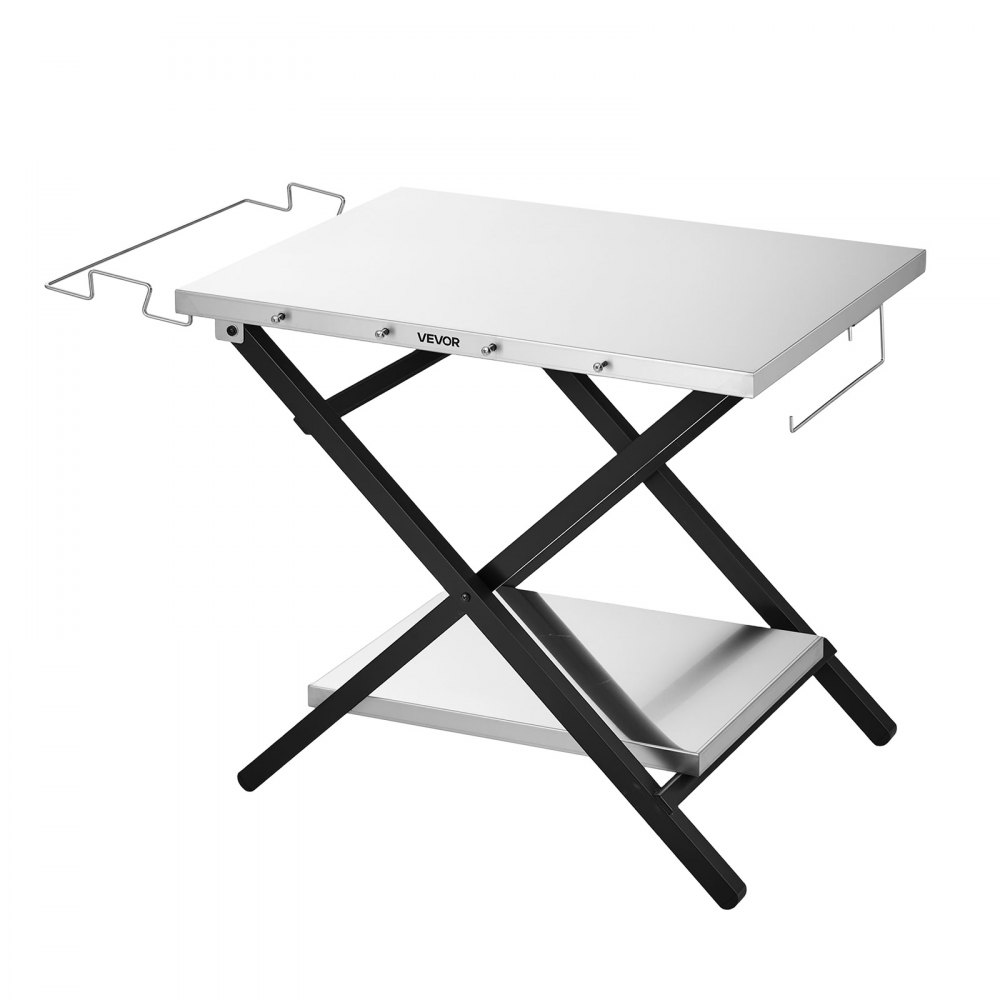 VEVOR opklapbare grilltafel 750 x 595 x 790 mm campingtafel van roestvrij staal voor terras en camper, met extra plank, afvalzakhouder aan de zijkant, draagvermogen van 31,8 kg en keukenrolhouder.
