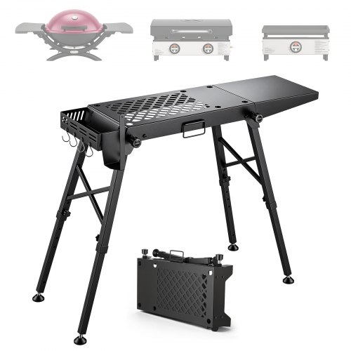 VEVOR Opklapbare Grilltafel 1040 x 295 mm Camping Grillstandaard Houtskool Staal Geschikt voor Grillplaten van 17 & 22 inch, In hoogte verstelbaar, Draagvermogen tot 158 ​​kg, met Haken en Opbergmand aan de zijkant