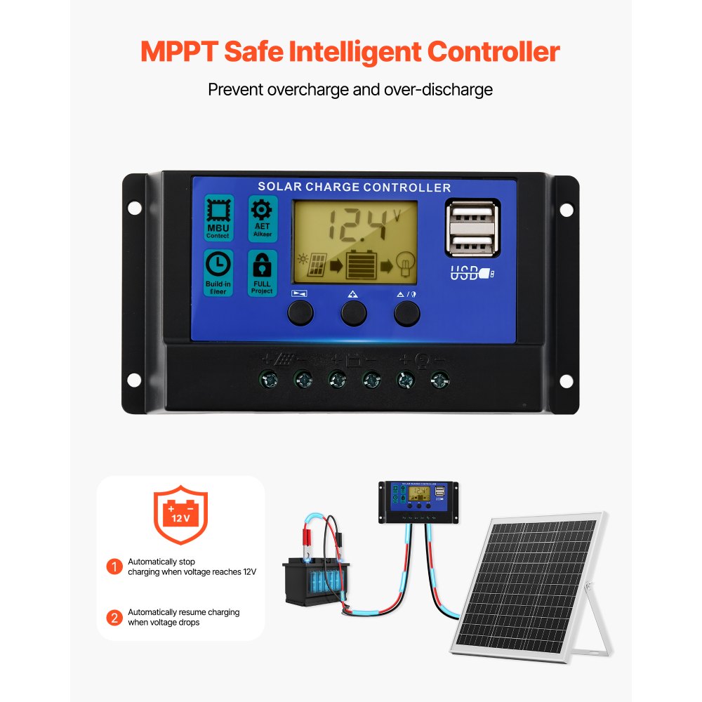 VEVOR 12V monokristallijn zonnepaneelset 20W, acculader met slimme MPPT-controller en verstelbare montagebeugel, IP67 waterdicht voor auto, boot, camper, motortrailer