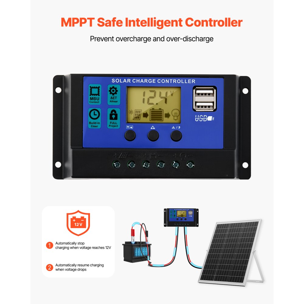 VEVOR 12V monokristallijn zonnepaneelset 25W, acculader met slimme MPPT-controller en verstelbare montagebeugel, IP67 waterdicht voor auto, boot, camper, motortrailer