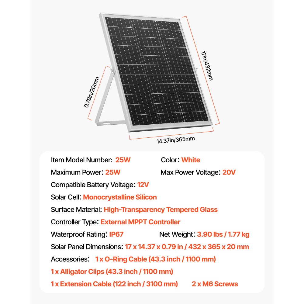 VEVOR 12V monokristallijn zonnepaneelset 25W, acculader met slimme MPPT-controller en verstelbare montagebeugel, IP67 waterdicht voor auto, boot, camper, motortrailer