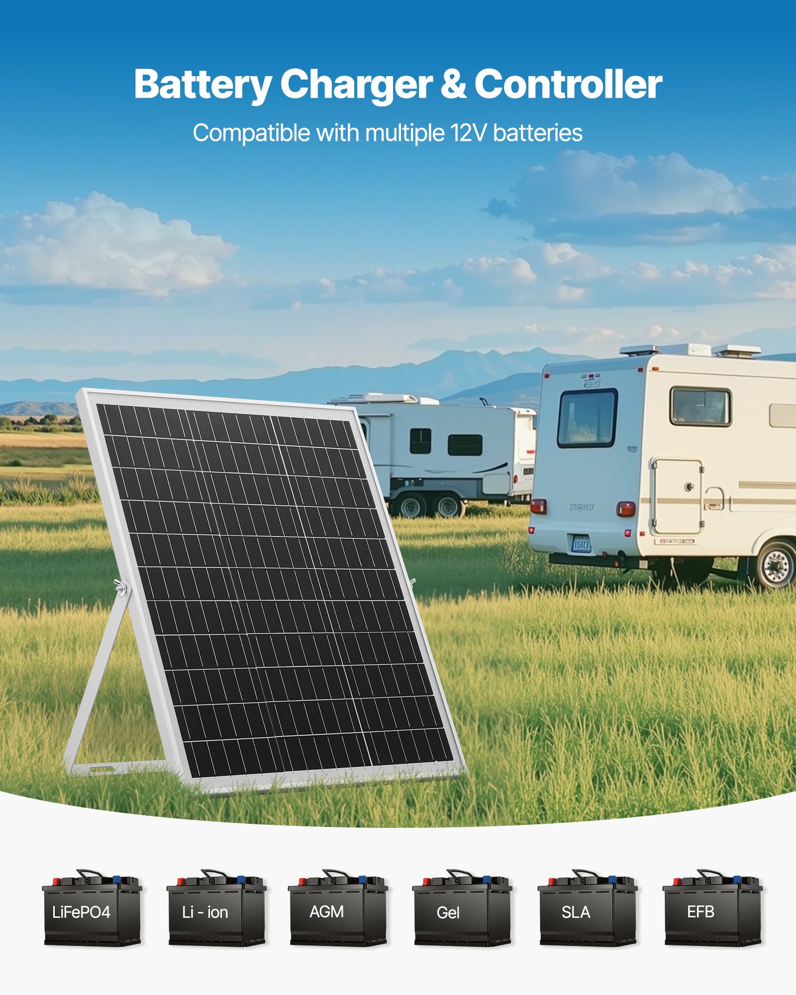 VEVOR 12V monokristallijn zonnepaneelset 25W, acculader met slimme MPPT-controller en verstelbare montagebeugel, IP67 waterdicht voor auto, boot, camper, motortrailer