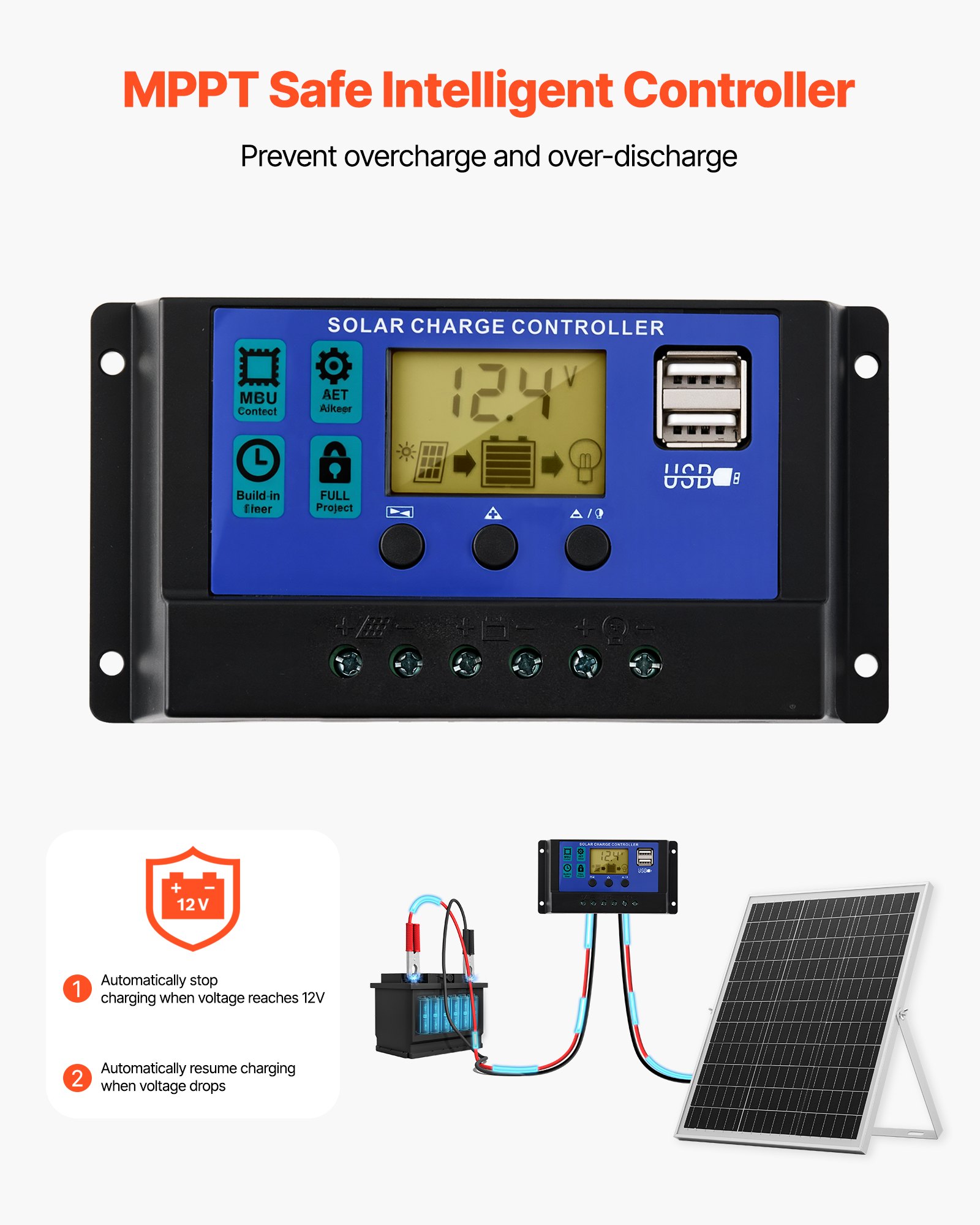VEVOR 12V monokristallijn zonnepaneelset 25W, acculader met slimme MPPT-controller en verstelbare montagebeugel, IP67 waterdicht voor auto, boot, camper, motortrailer